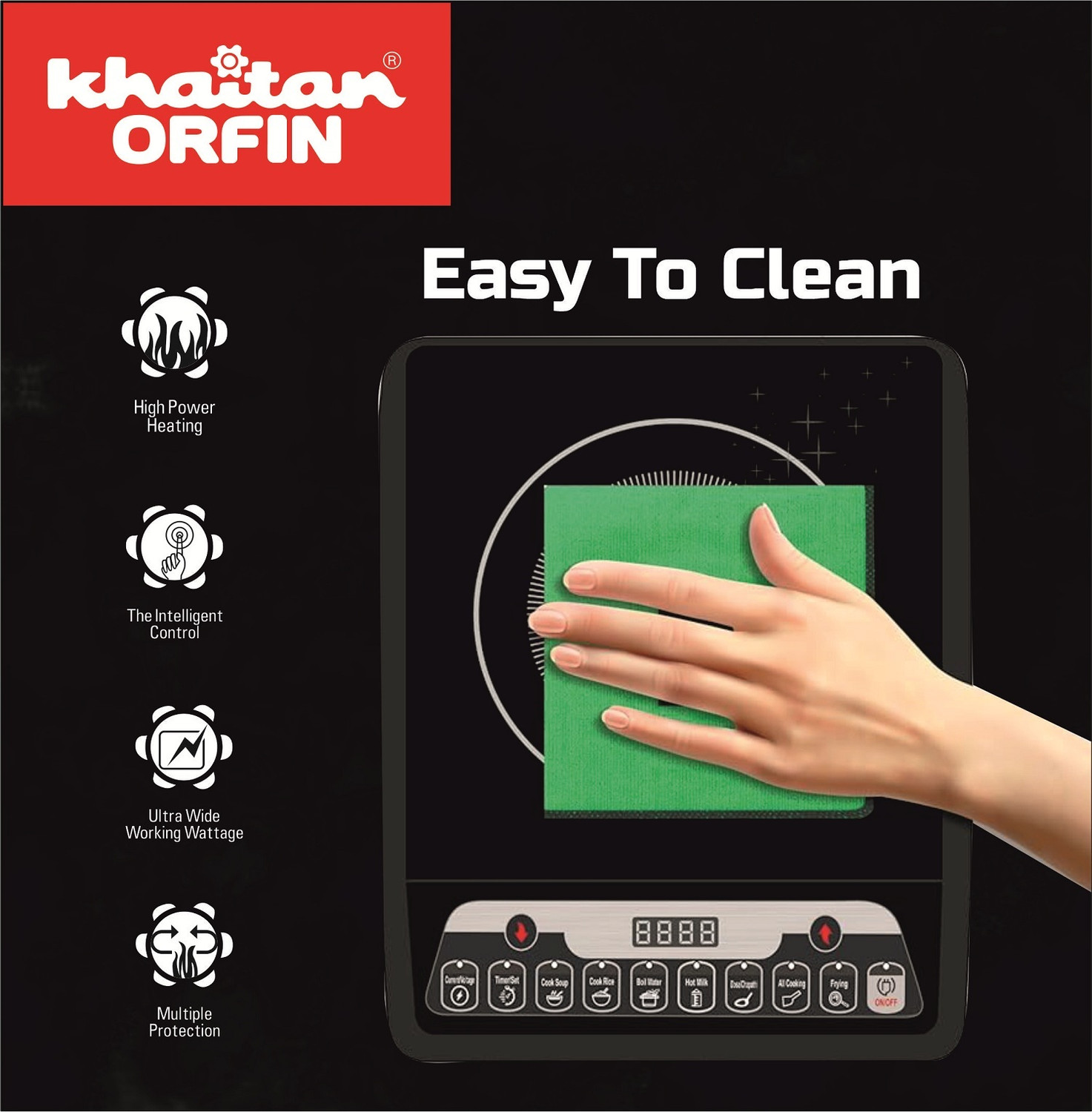 Image of Khaitan Orfin 2200 W Induction Cooktop Push Button (Black, KO-432)