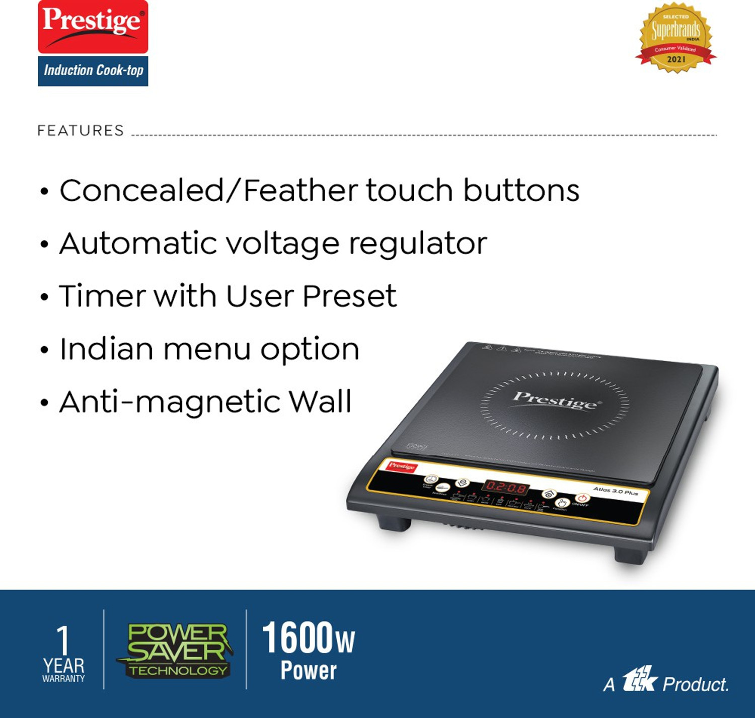 Image of Prestige 1600 W Induction Cooktop Push Button