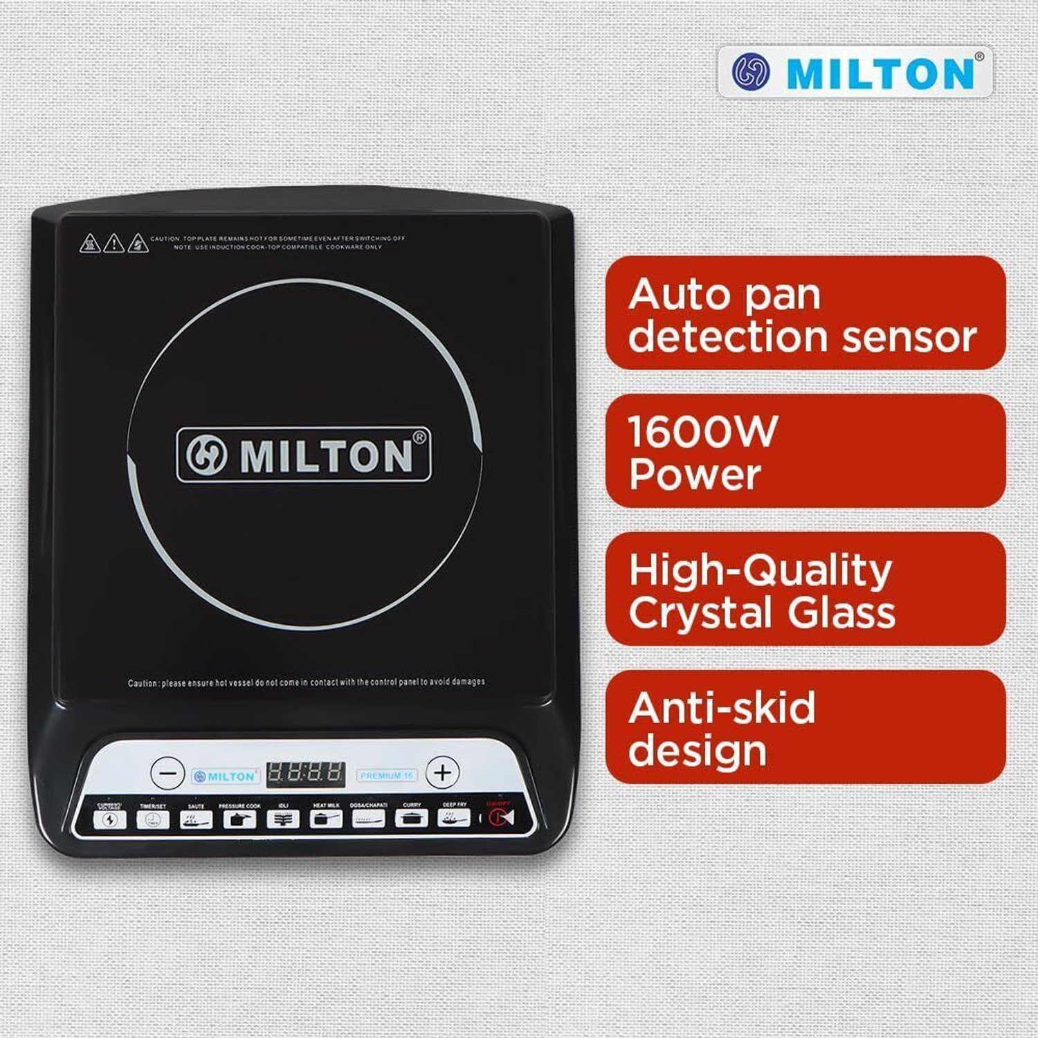 Image of MILTON 1600 W Induction Cooktop Push Button (Black, Premium-16 1600 Watt Auto Shut-Off)