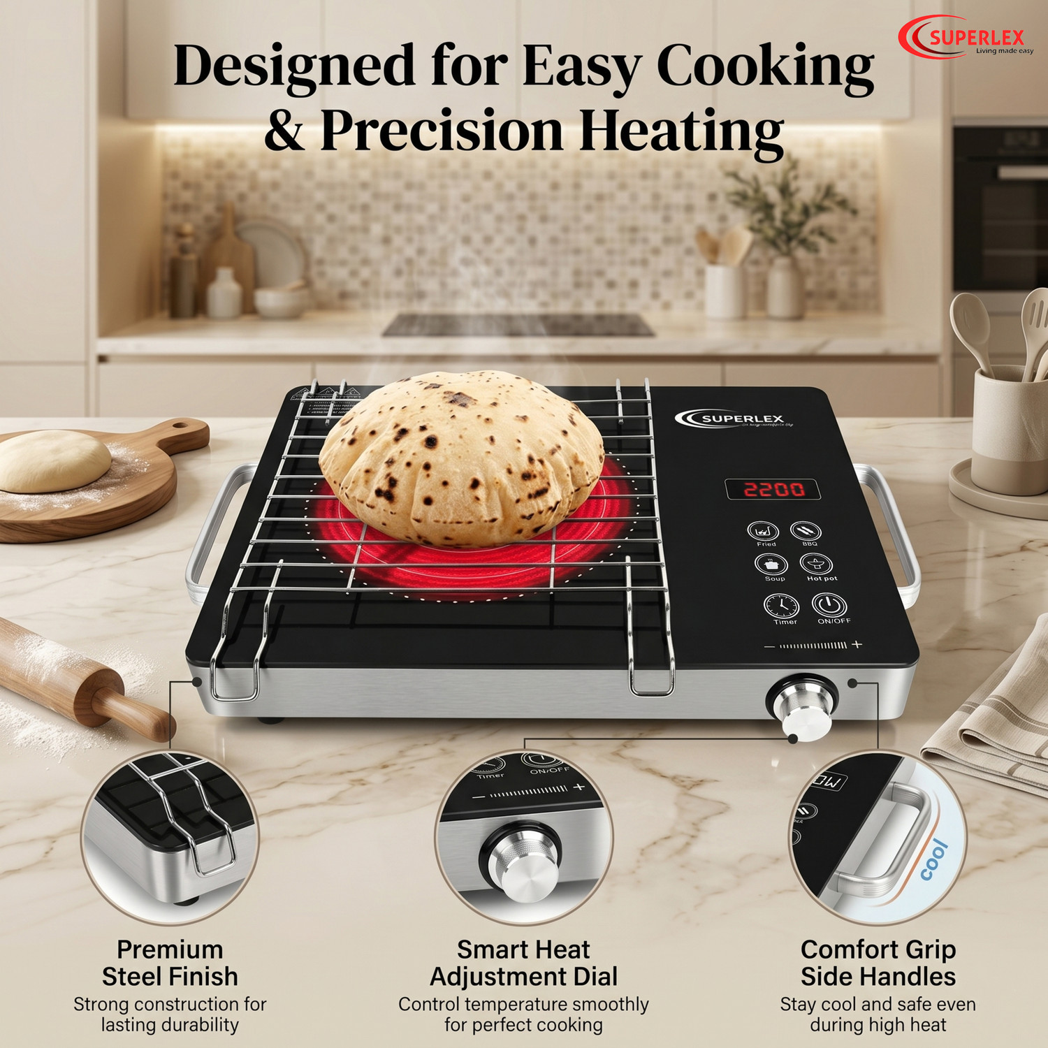 Image of SUPERLEX 2200 W Infrared Cooktop Touch Panel (Black, Grill,Sensor Touch & Universal Utansil Compatibility)