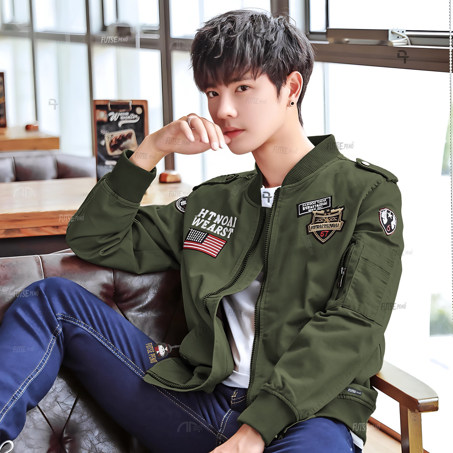 Image of FUTSE PENO Men Printed, Applique Biker /Riding Jacket