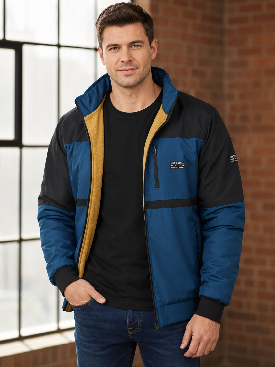 Image of FUTSE PENO Men Printed, Applique Biker /Riding Jacket