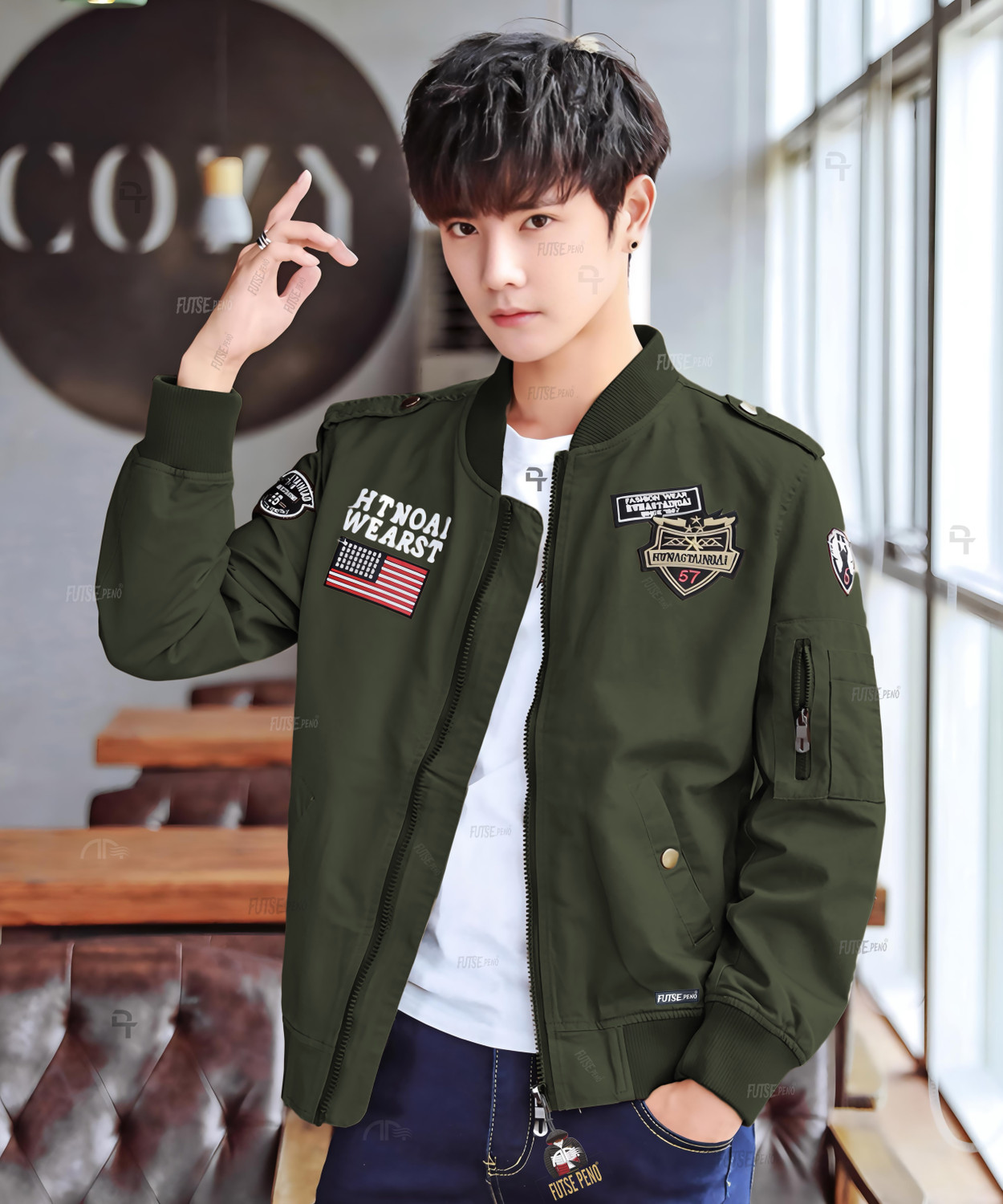 Image of FUTSE PENO Men Printed, Applique Biker /Riding Jacket