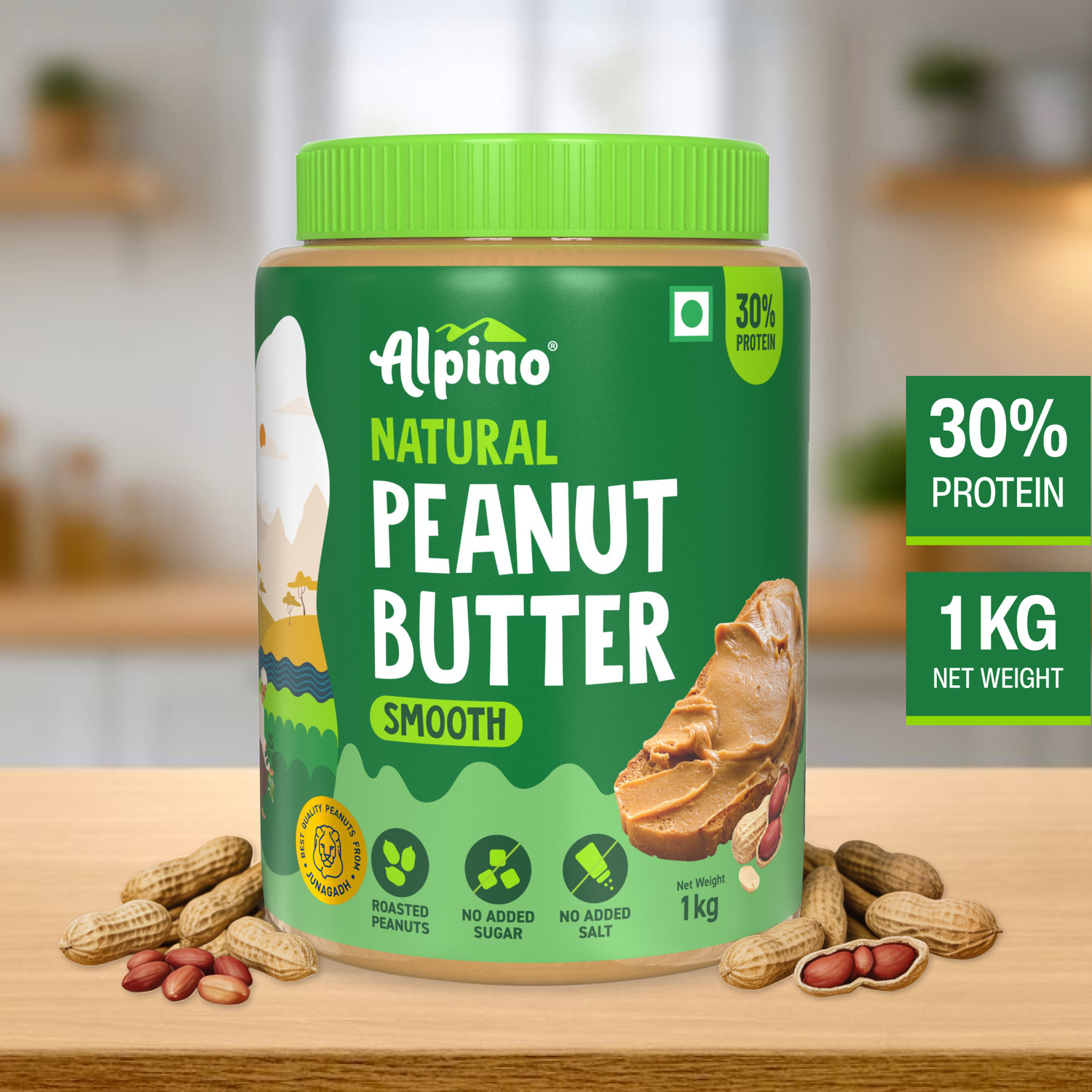 ALPINO Natural Peanut Butter Smooth 1 KG | Unsweetened | Made with 100