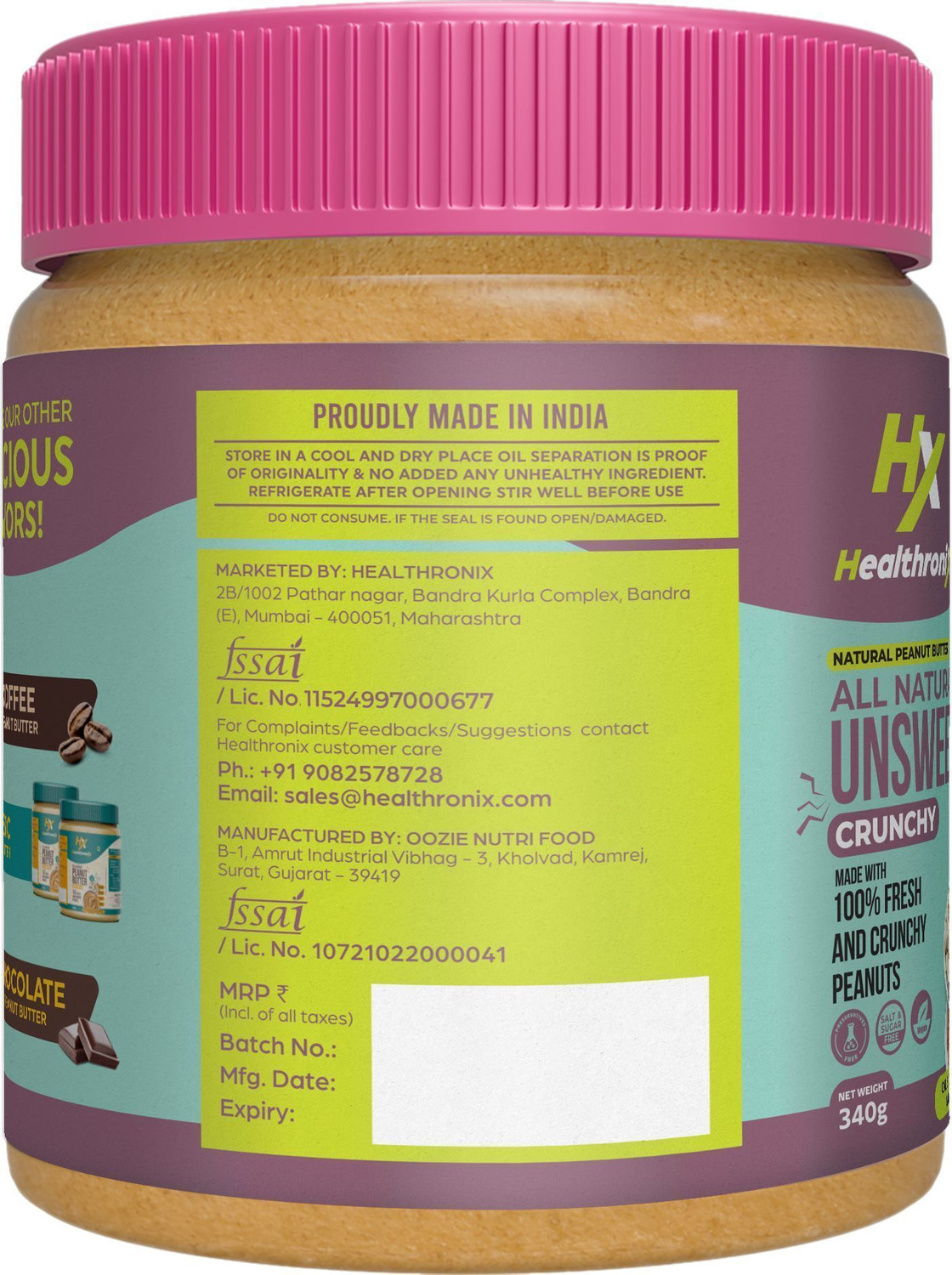 Image of Healthronix Natural Crunchy Peanut Butter, 340 g (0.34 kg)