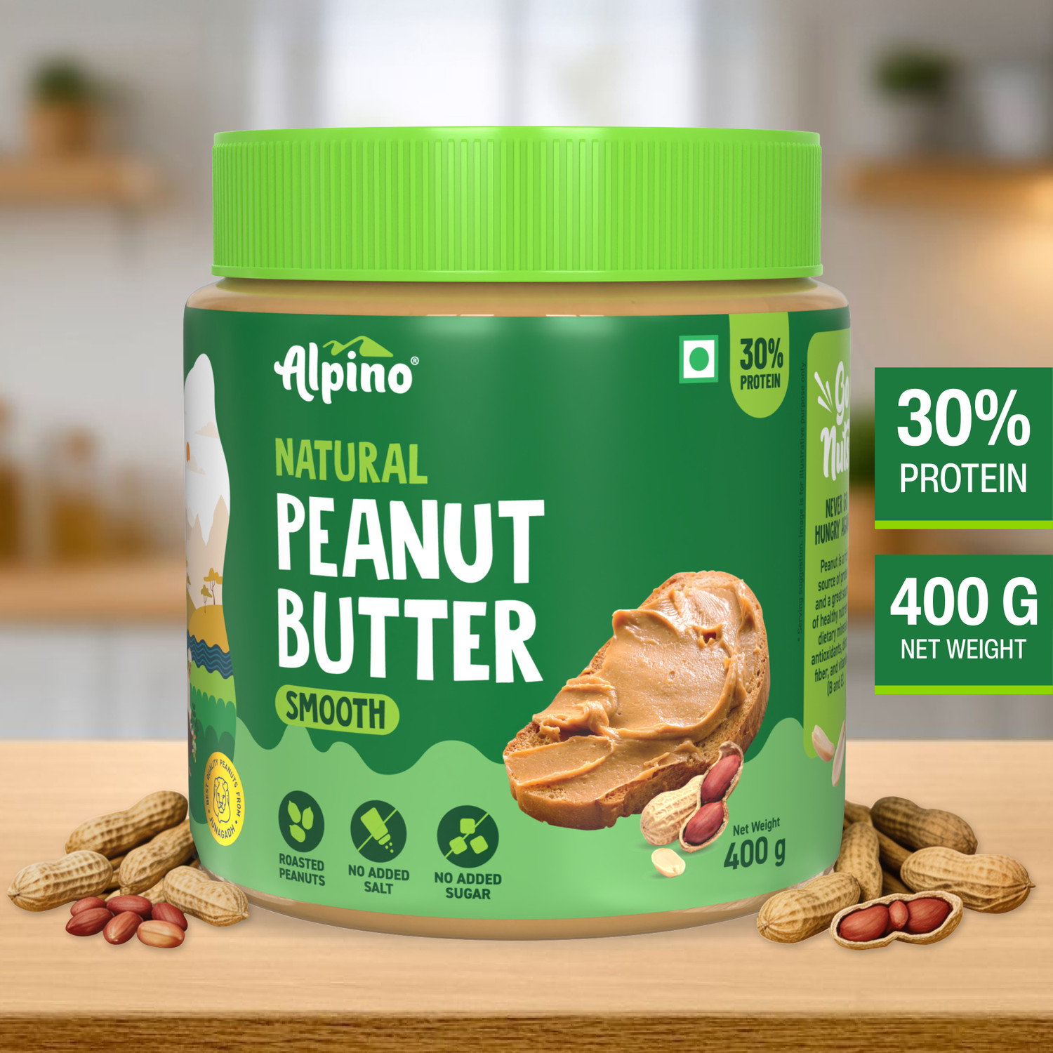 ALPINO Natural Peanut Butter Smooth 400 G | High Protein Peanut Butter