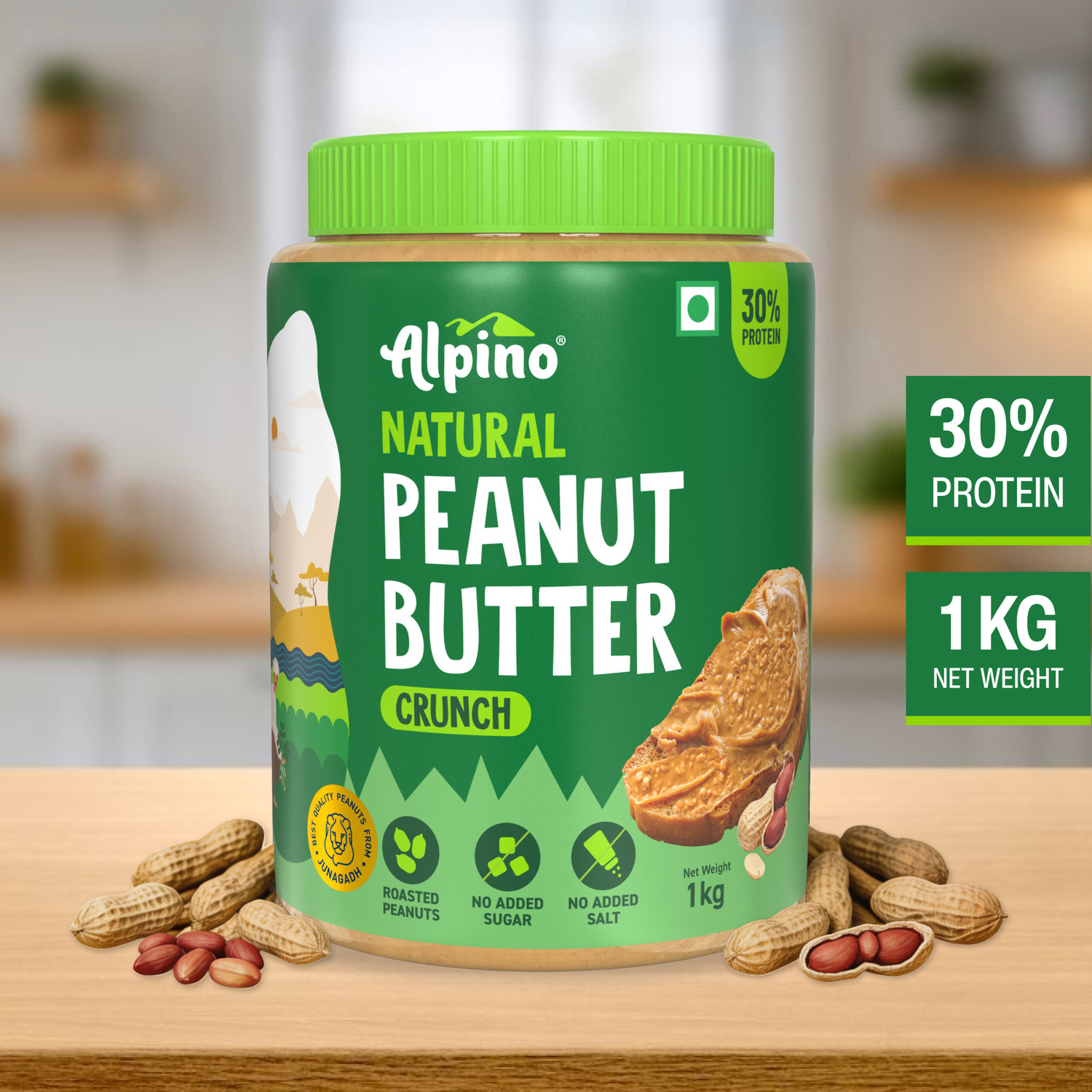 ALPINO Natural Peanut Butter Crunch 1 KG | Unsweetened | Made with 100