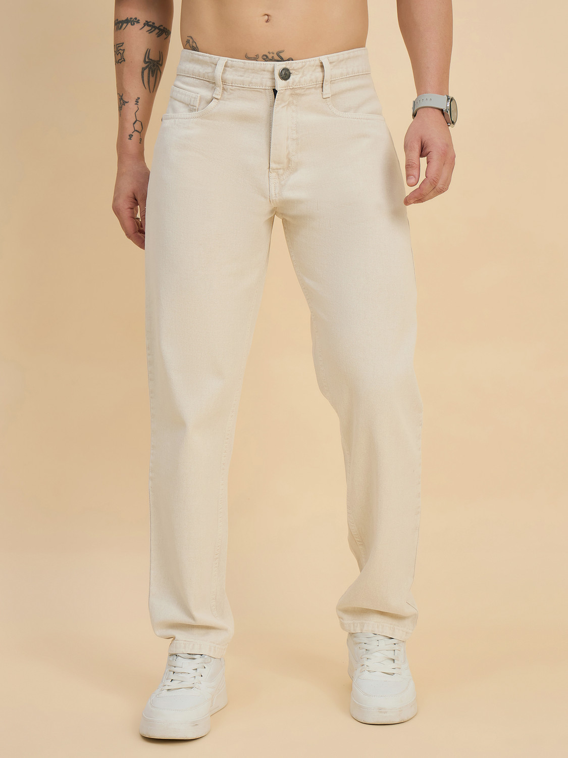 Image of DENIM DUCH Men Loose Fit Mid Rise Beige Jeans