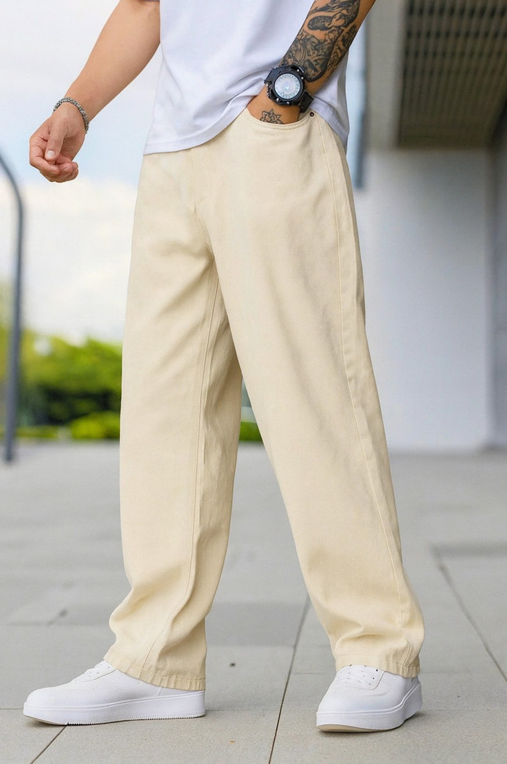 Image of DENIM DUCH Men Loose Fit Mid Rise Beige Jeans
