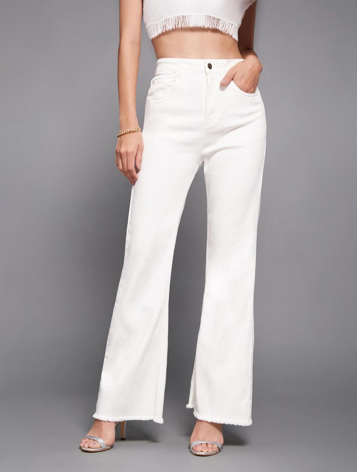 Image of GUTI Women Flared High Rise White Jeans