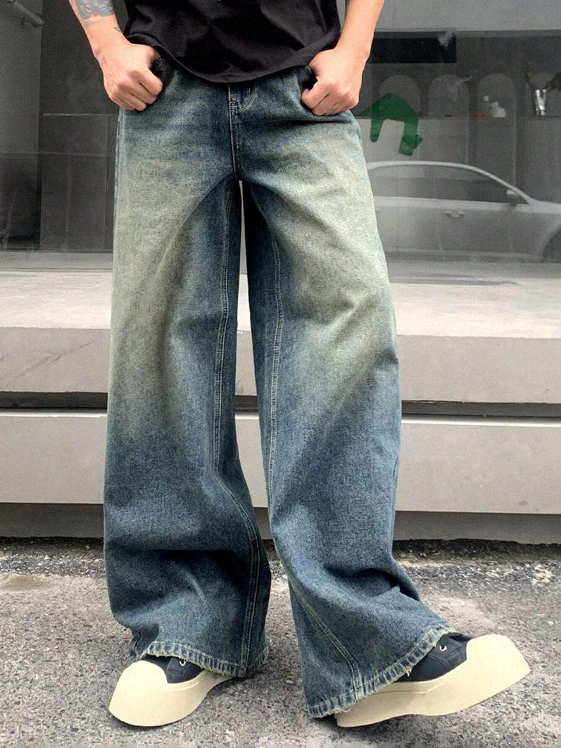 Image of woomny Men Baggy Fit High Rise Green Jeans