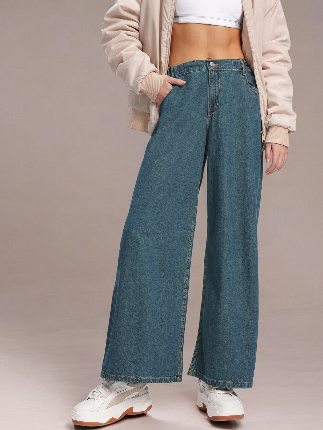 Image of GUTI Women Flared High Rise White Jeans