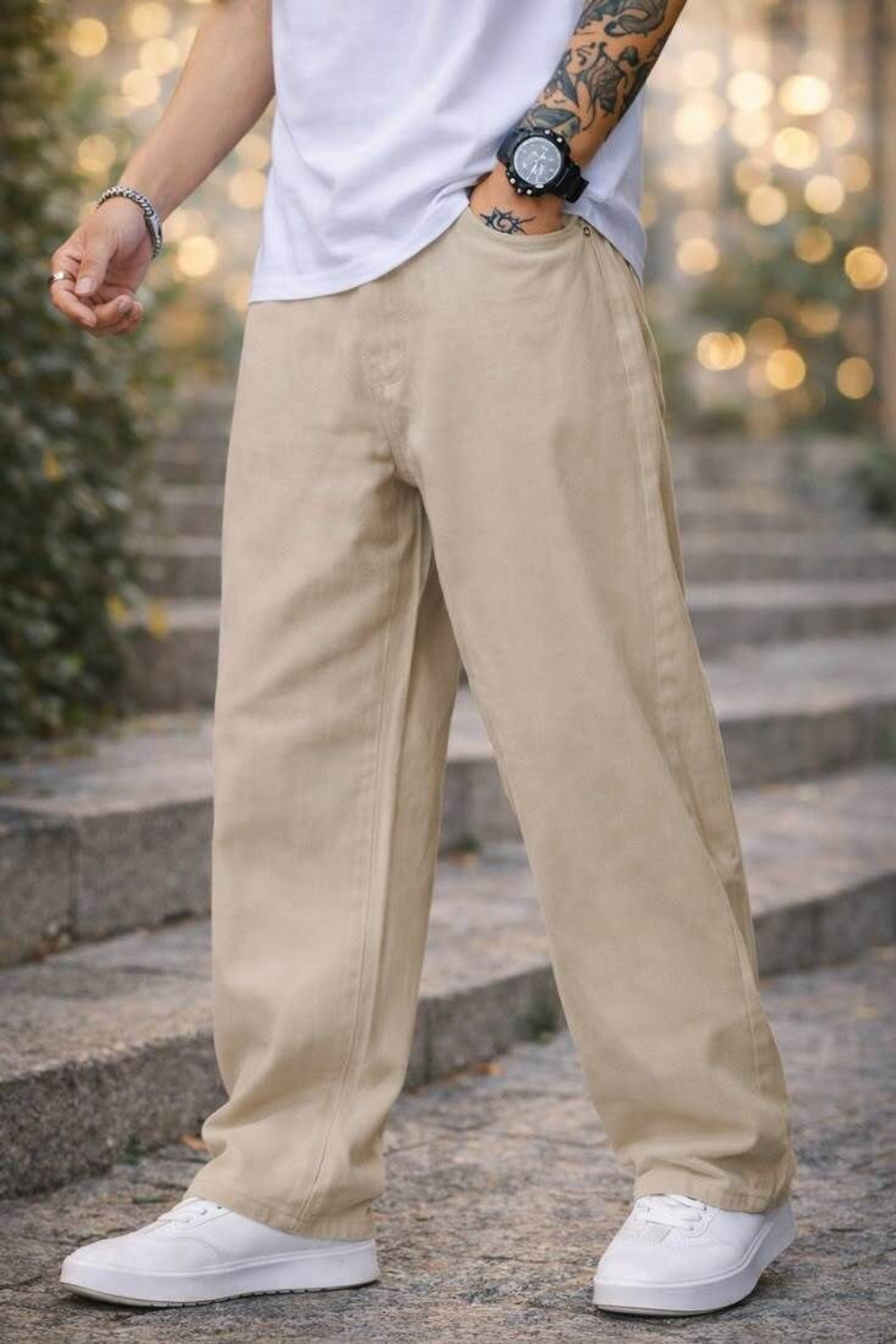 Image of DENIM DUCH Men Loose Fit Mid Rise Beige Jeans