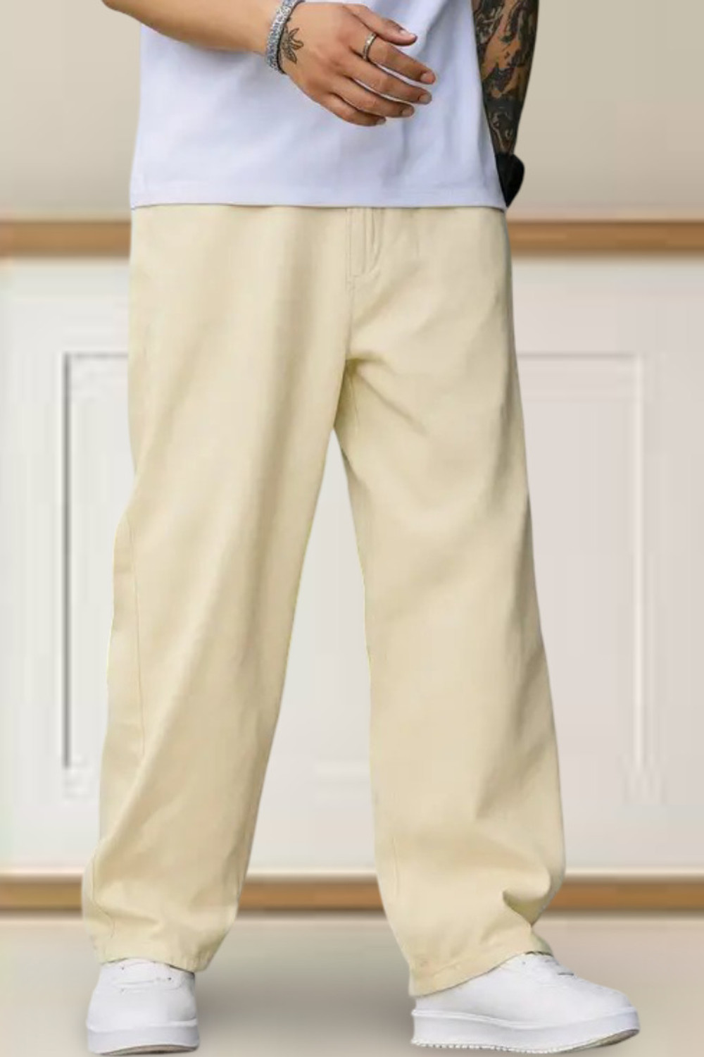 Image of DENIM DUCH Men Loose Fit Mid Rise Beige Jeans
