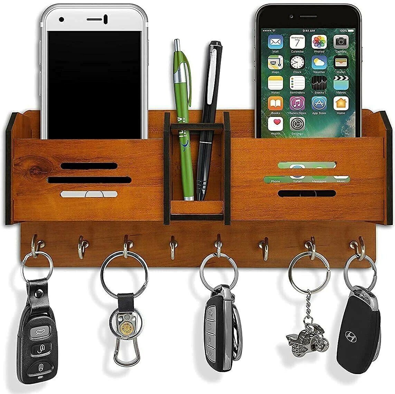 Capio Art Geometric Wood Key Holder - 8 Hooks, Brown