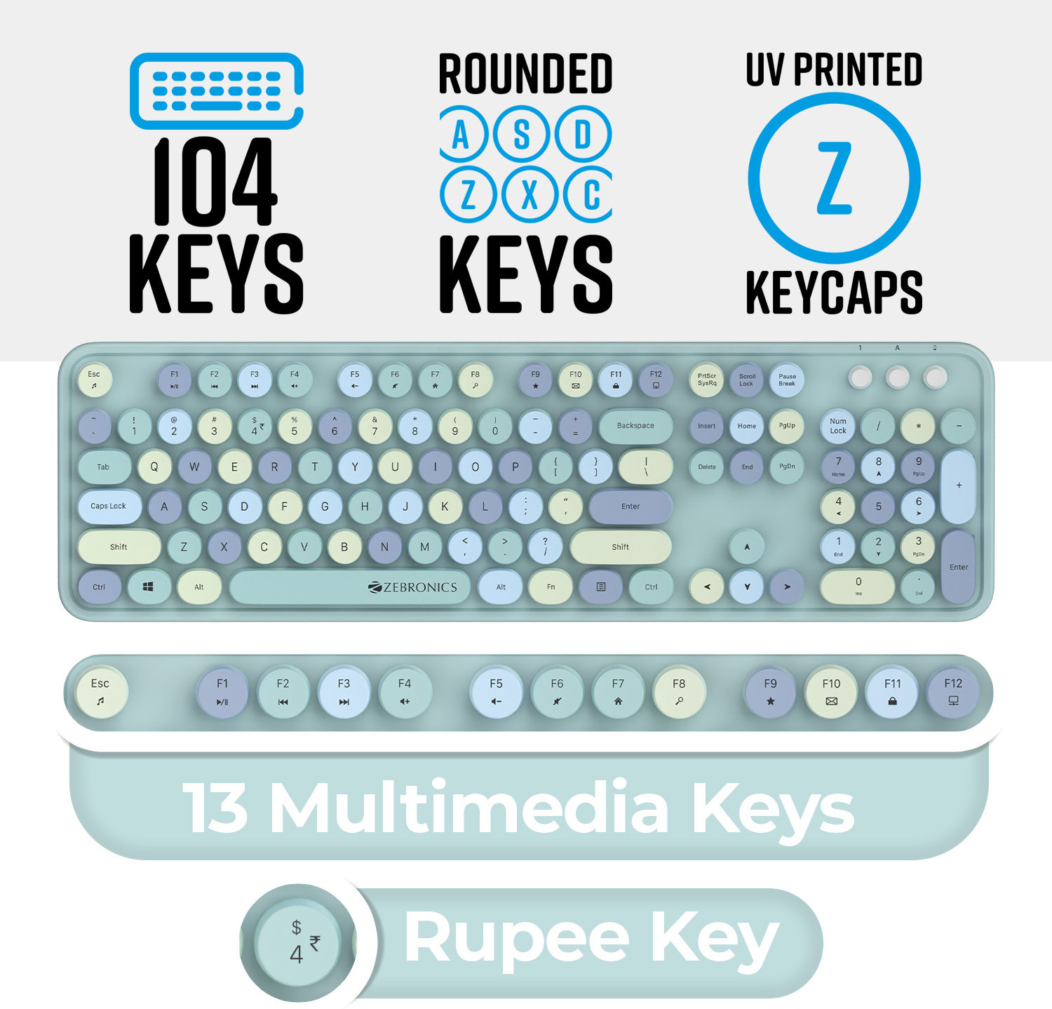 Image of ZEBRONICS Zeb-Companion 300 Wireless Keyboard with Retro Keys and Mouse set (BLUE) Wireless Standard Desktop Keyboard Compatible with Desktop, Laptop, Mac Zebronics-Companion 300 (Retro Style) Wireless Mouse & keyboard combo with 2.4GHz Nano receiver, Rounded Keys,Integrated Multimedia control and Power Saving Mode(Blue)