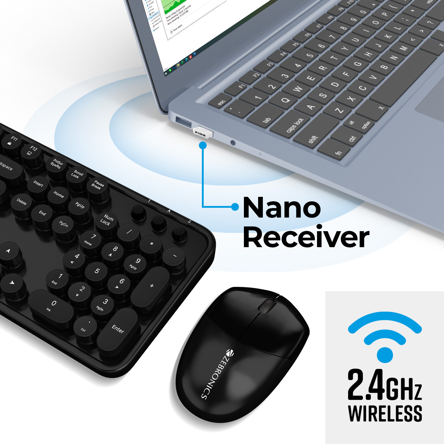 ZEBRONICS 300 Wireless Keyboard with Retro Keys and Mouse