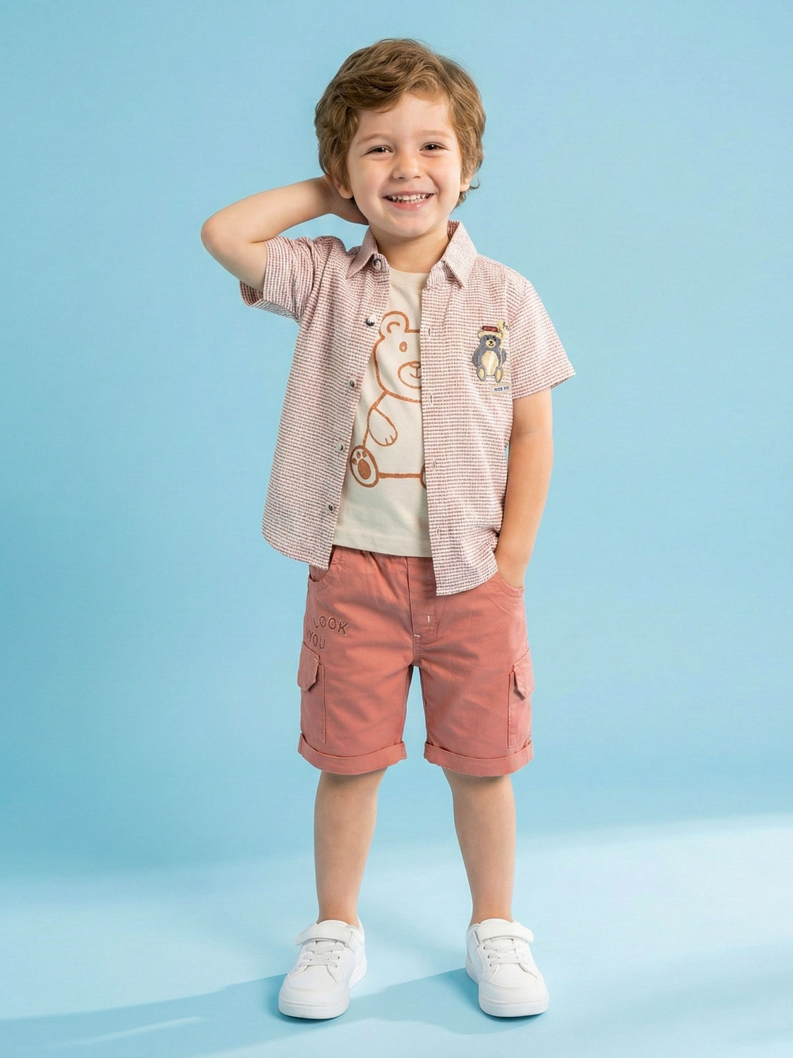 Image of Choo Choo Boys Casual Shirt Shorts (Off White, White, Peach)