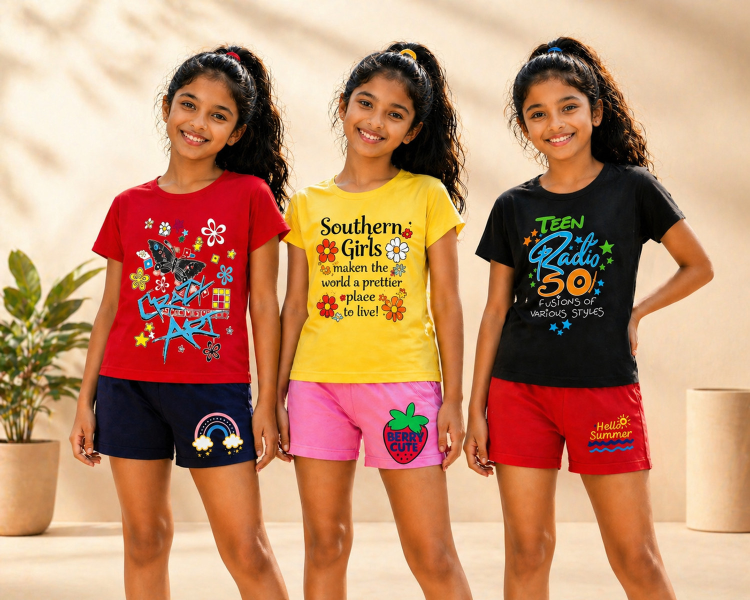 Image of fasla Girls Casual T-shirt Shorts (Peach & Green)