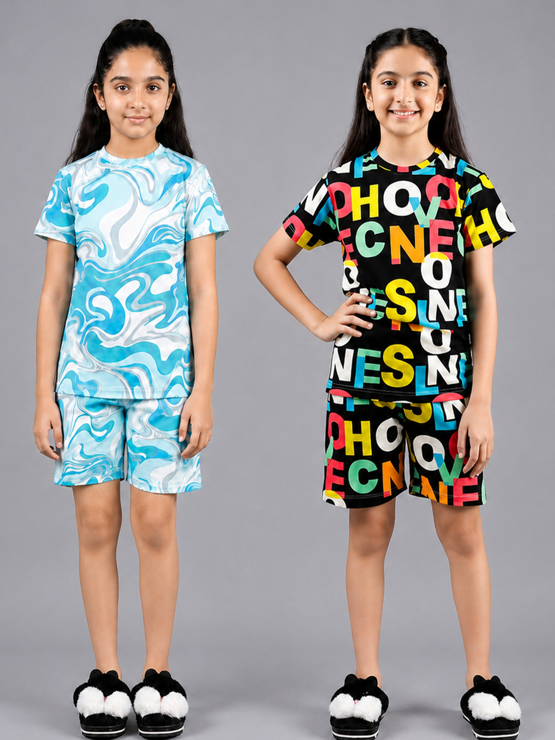 Image of fasla Girls Casual T-shirt Shorts (Peach & Green)
