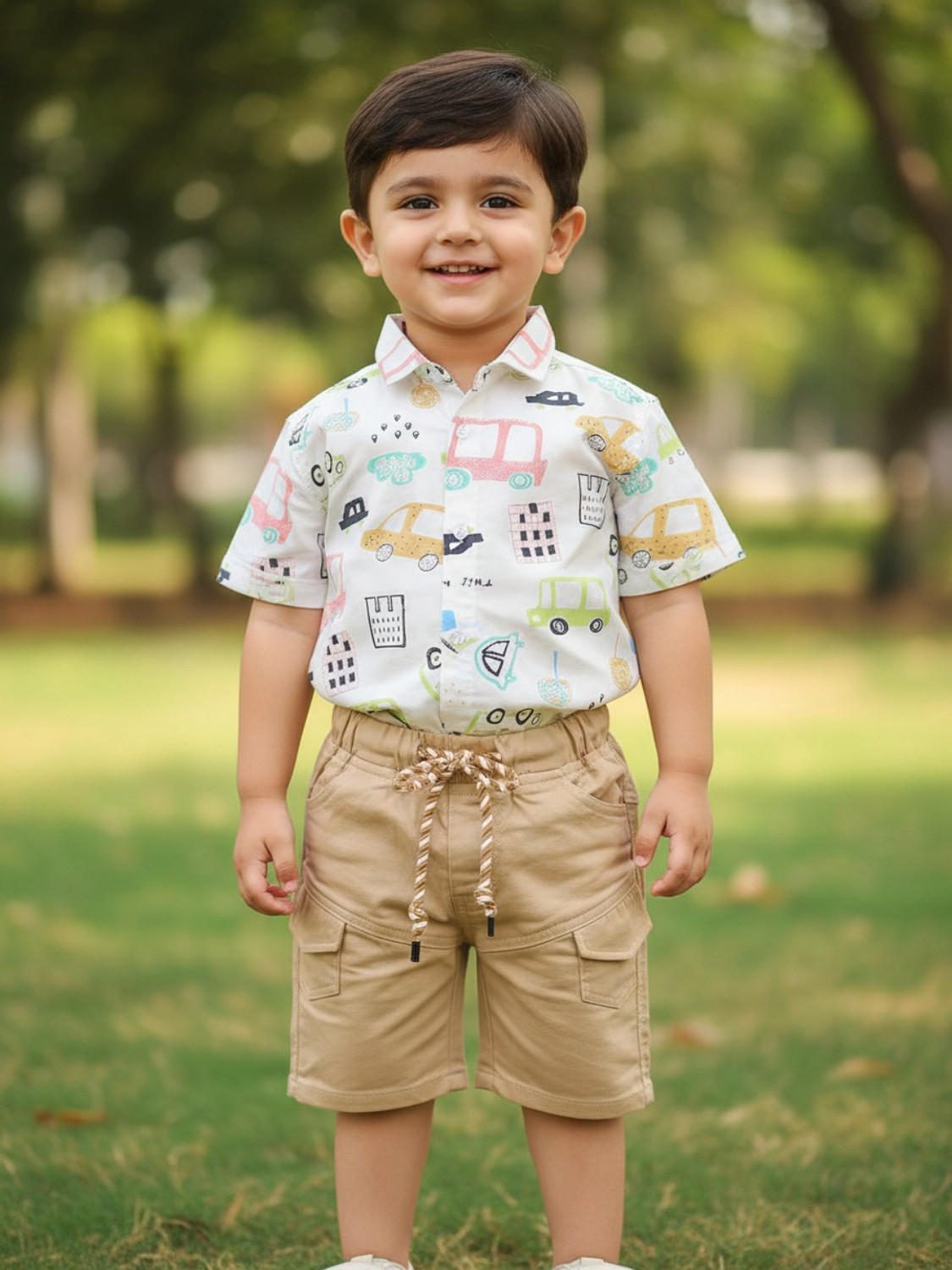 Image of Choo Choo Boys Casual Shirt Shorts (Off White, White, Peach)