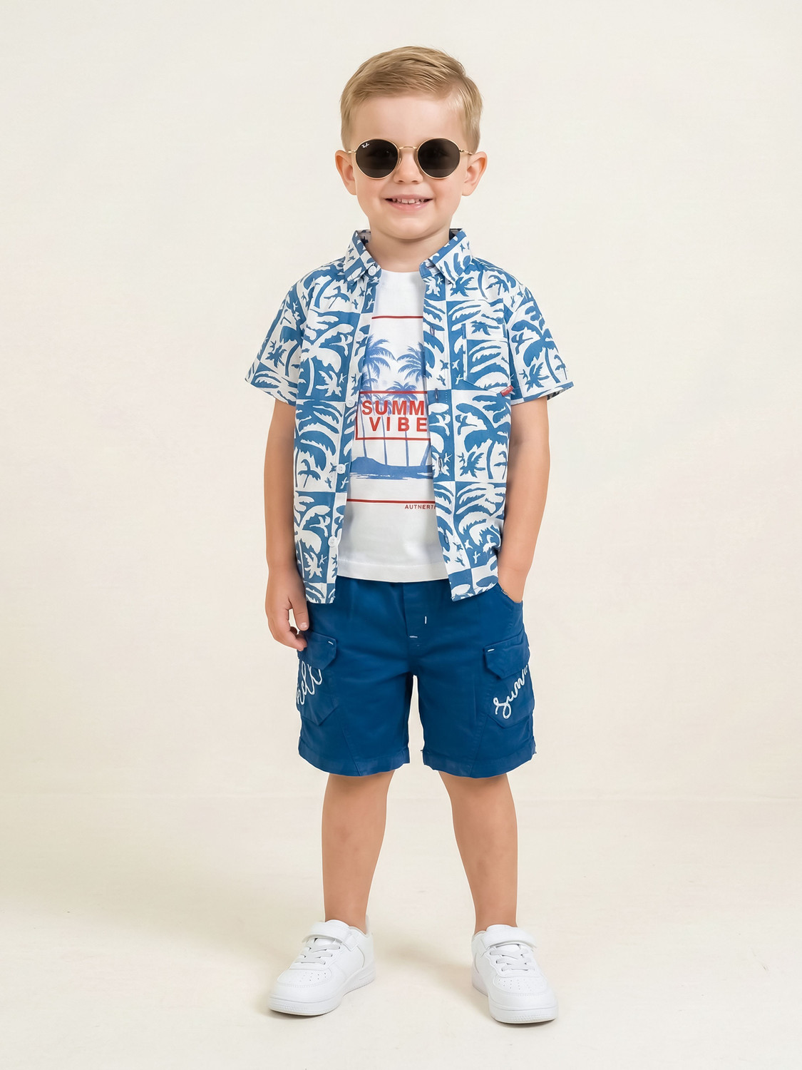Image of Choo Choo Boys Casual Shirt Shorts (Off White, White, Peach)