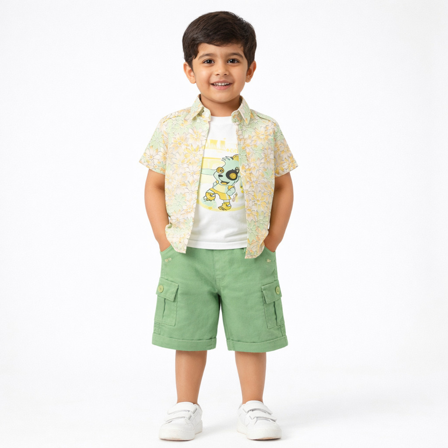 Image of Choo Choo Boys Casual Shirt Shorts (Off White, White, Peach)
