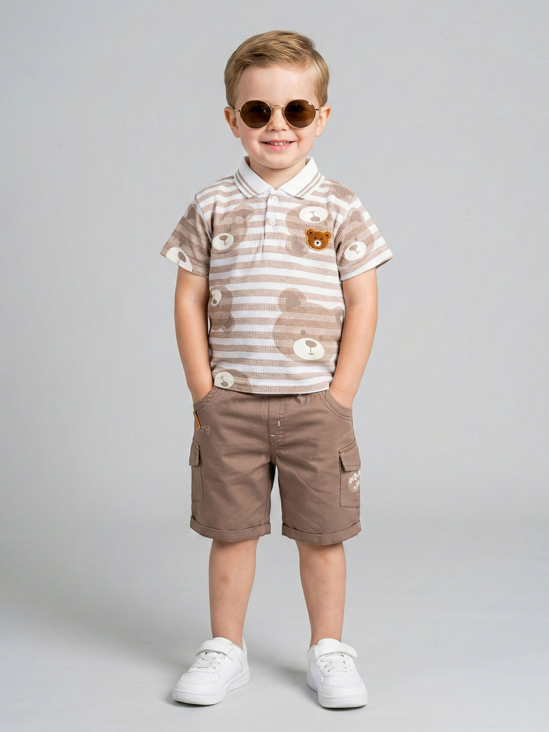 Image of Choo Choo Boys Casual Shirt Shorts (Off White, White, Peach)