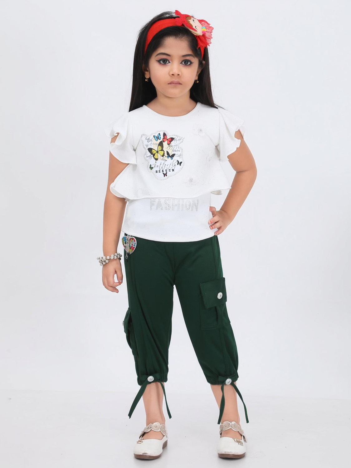 Image of fasla Girls Casual T-shirt Shorts (Peach & Green)