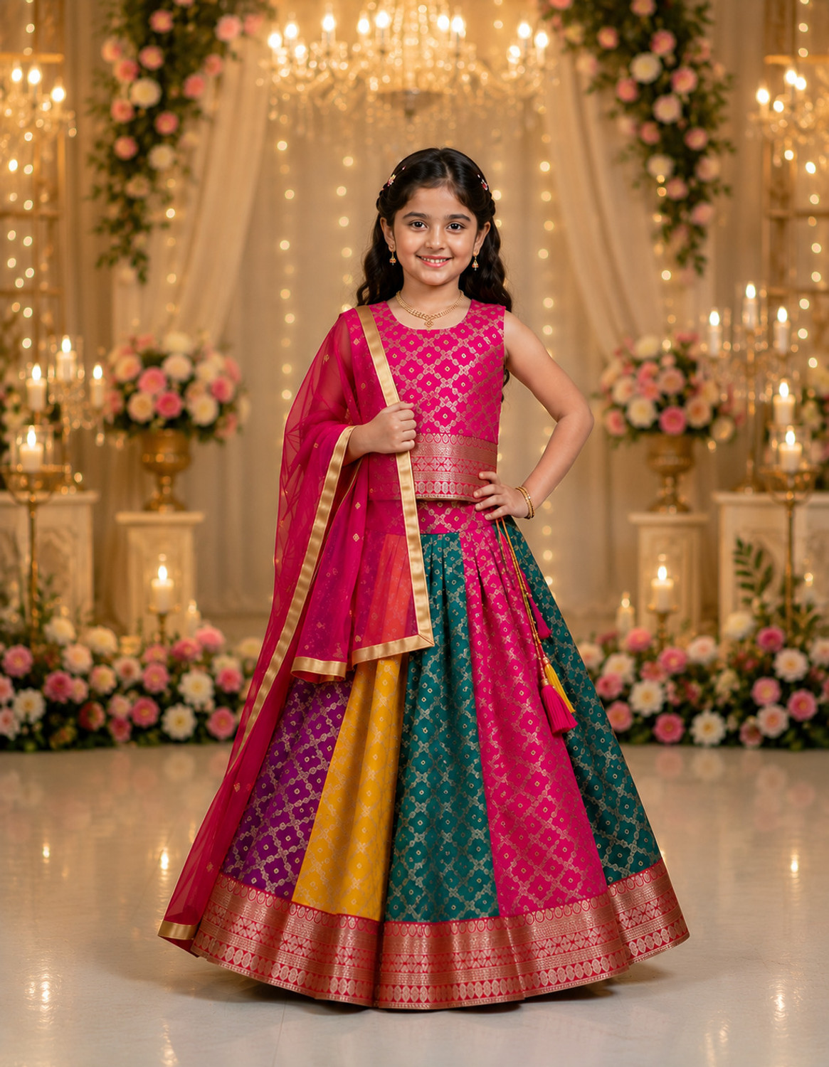 Image of Delima Fab Girls Lehenga Choli Ethnic Wear Printed Lehenga, Choli and Dupatta Set (Yellow, Pack of 1)