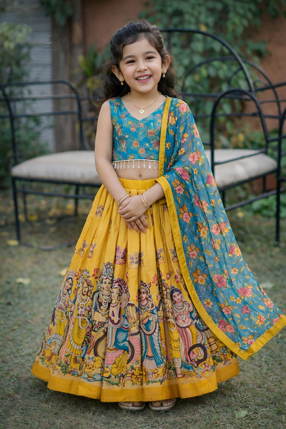 Image of Delima Fab Girls Lehenga Choli Ethnic Wear Printed Lehenga, Choli and Dupatta Set (Yellow, Pack of 1)
