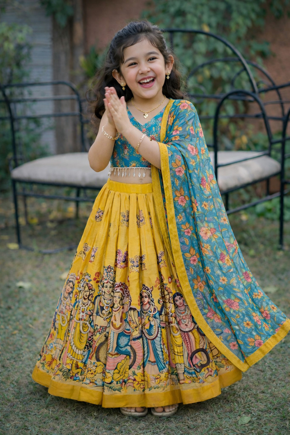 Image of Delima Fab Girls Lehenga Choli Ethnic Wear Printed Lehenga, Choli and Dupatta Set (Yellow, Pack of 1)