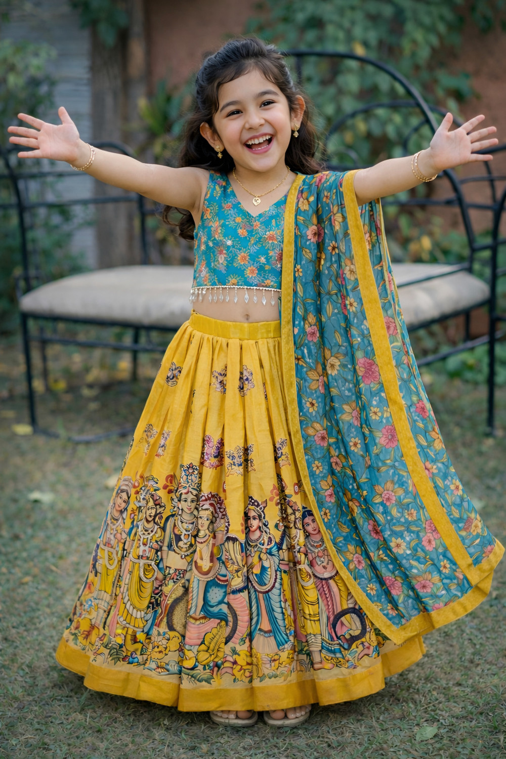 Image of Delima Fab Girls Lehenga Choli Ethnic Wear Printed Lehenga, Choli and Dupatta Set (Yellow, Pack of 1)