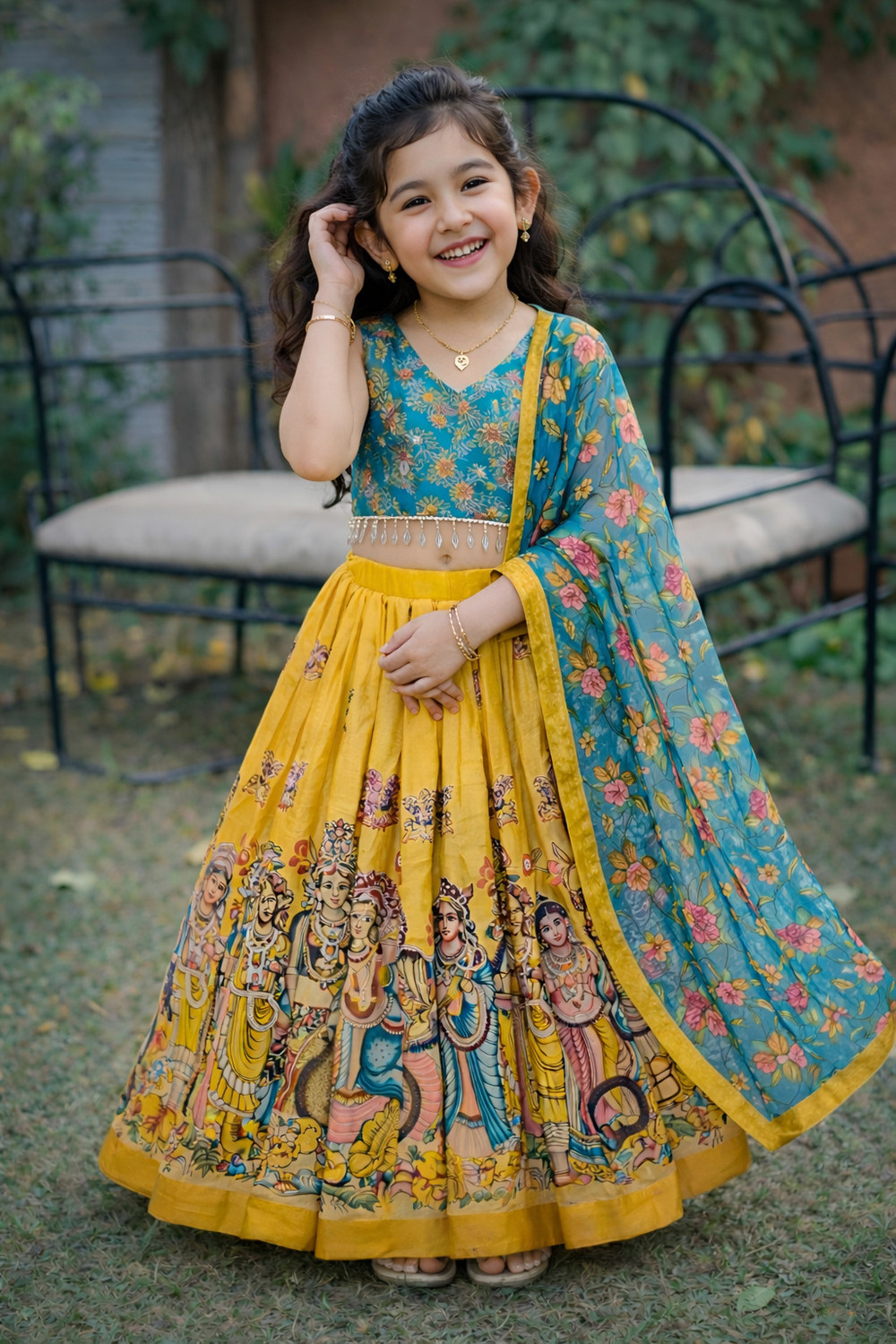 Image of Delima Fab Girls Lehenga Choli Ethnic Wear Printed Lehenga, Choli and Dupatta Set (Yellow, Pack of 1)