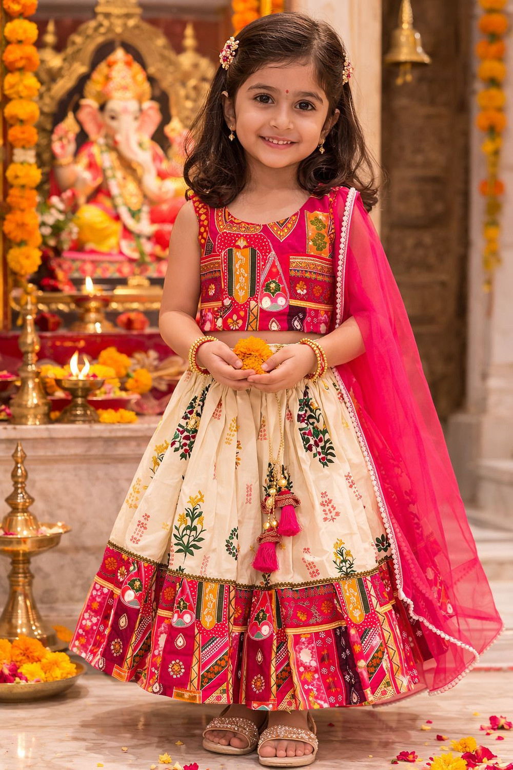 Image of Delima Fab Girls Lehenga Choli Ethnic Wear Printed Lehenga, Choli and Dupatta Set (Yellow, Pack of 1)