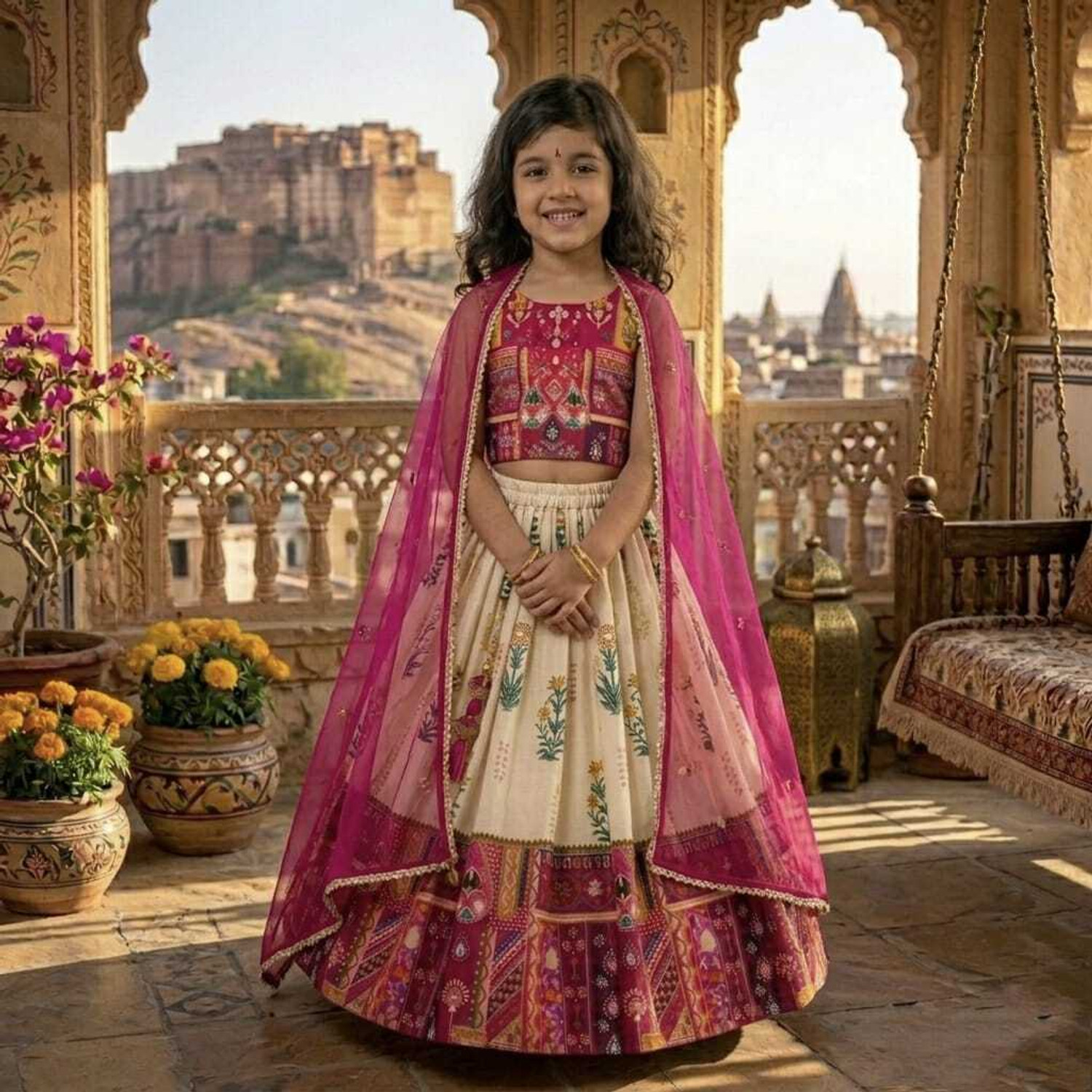 Image of Delima Fab Girls Lehenga Choli Ethnic Wear Printed Lehenga, Choli and Dupatta Set (Yellow, Pack of 1)