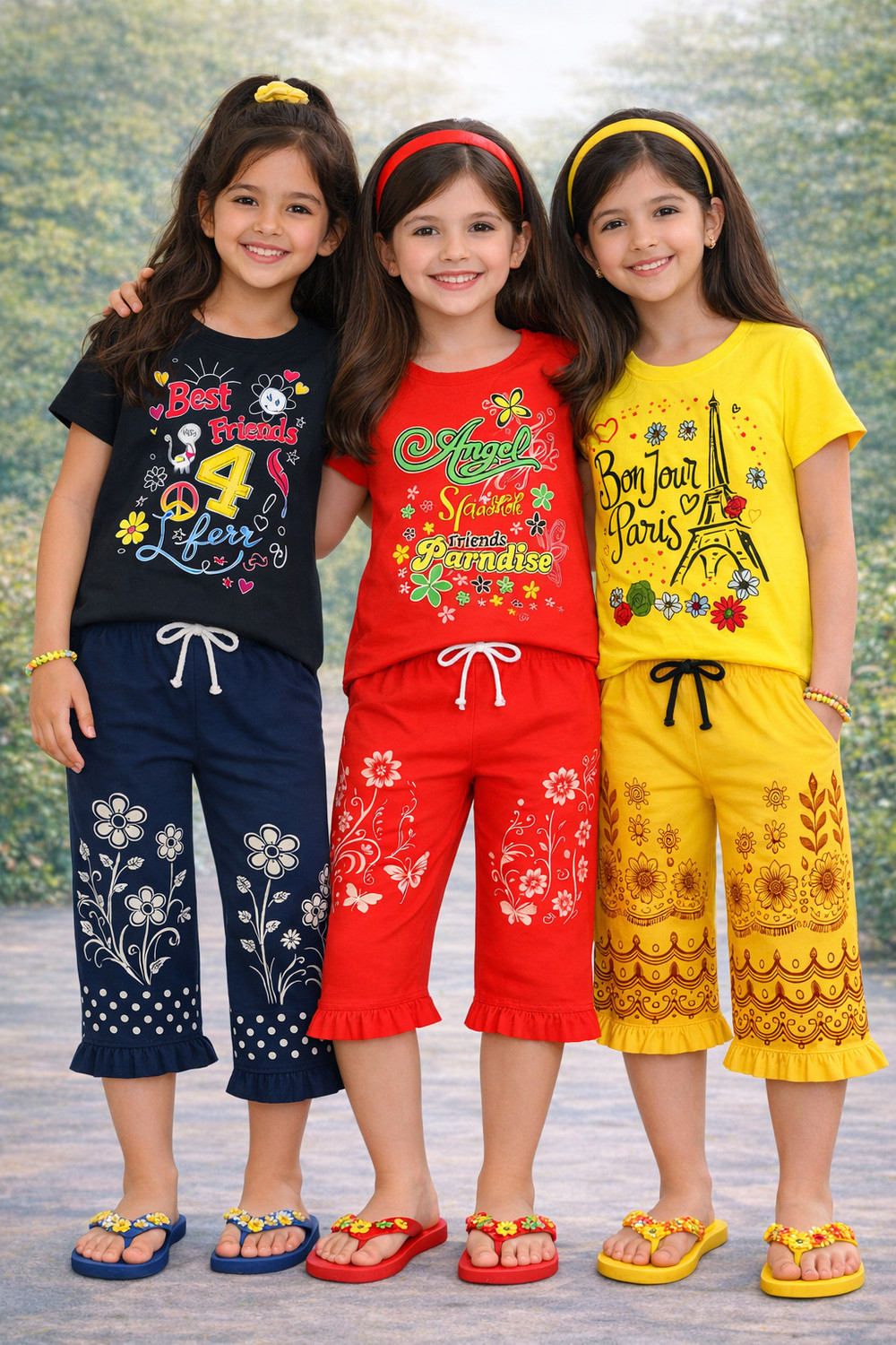 Image of fasla Girls Casual T-shirt Shorts (Peach & Green)