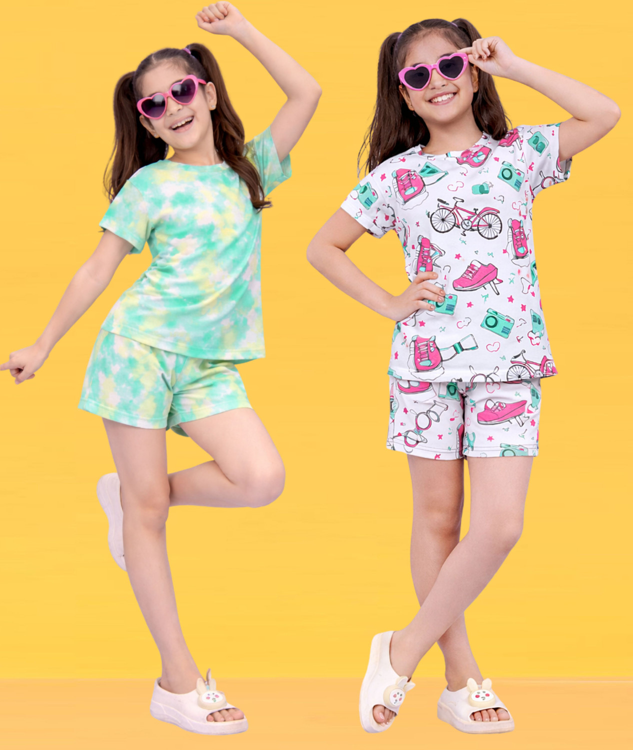 Image of fasla Girls Casual T-shirt Shorts (Peach & Green)
