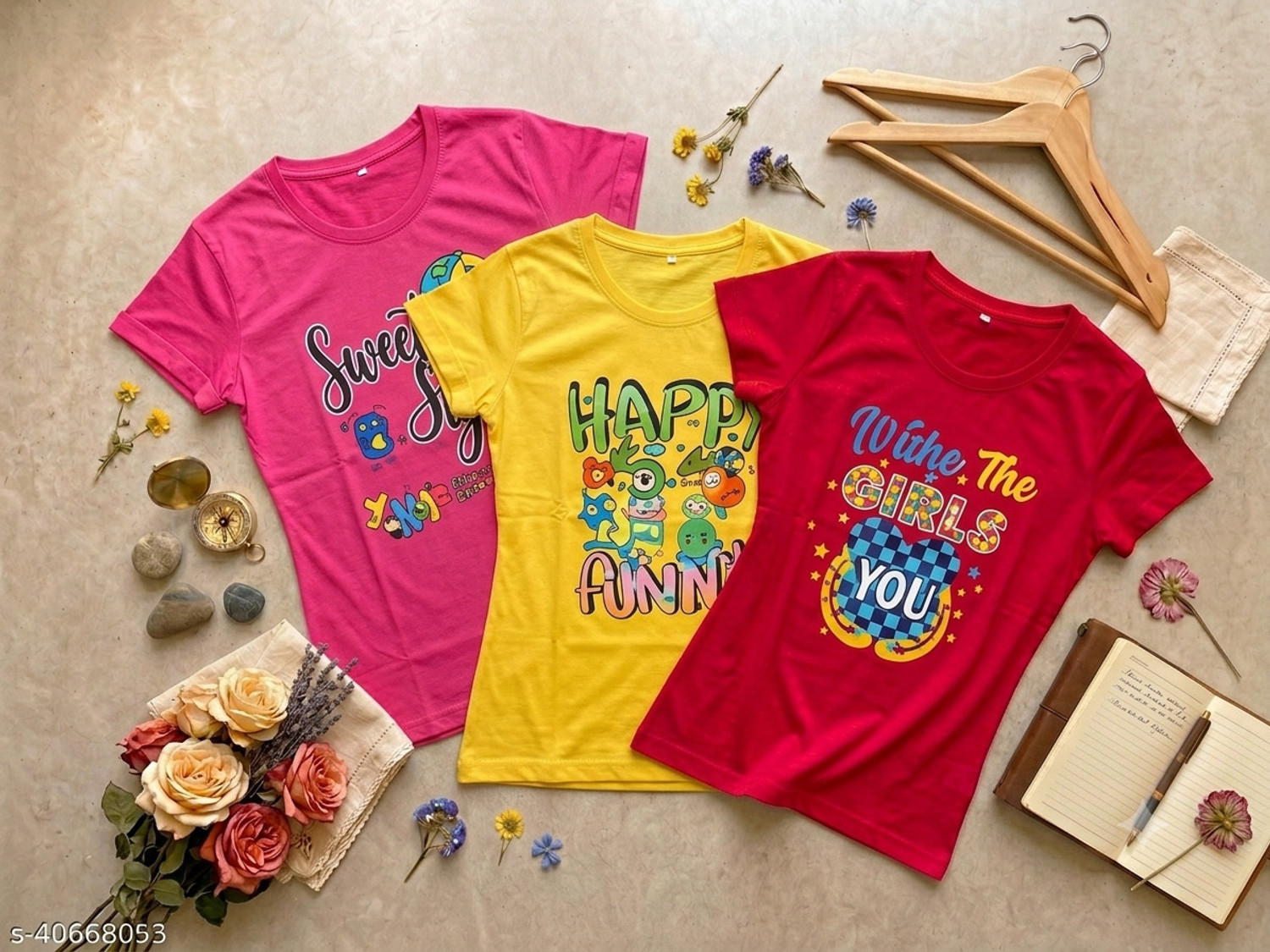 Image of Oxipital Club Boys & Girls Typography, Floral Print, Printed Cotton Blend Regular T Shirt (Red, Yellow, Pack of 3)
