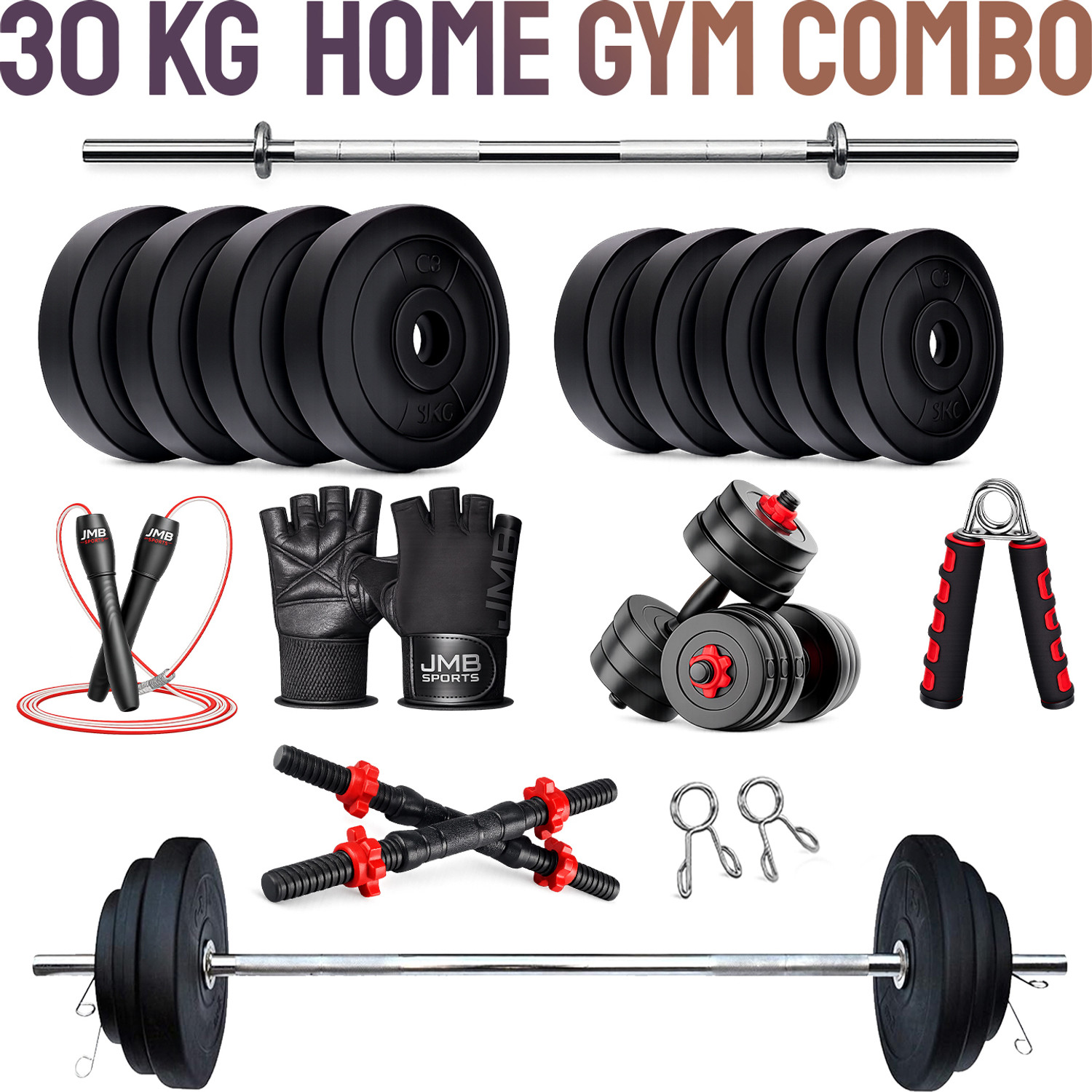 Image of JASMINE FITNESS 34.5 kg 30KG Home Gym Dumbbell Plate Set with 3FT Straight Rod & Accessories Home Gym Combo
