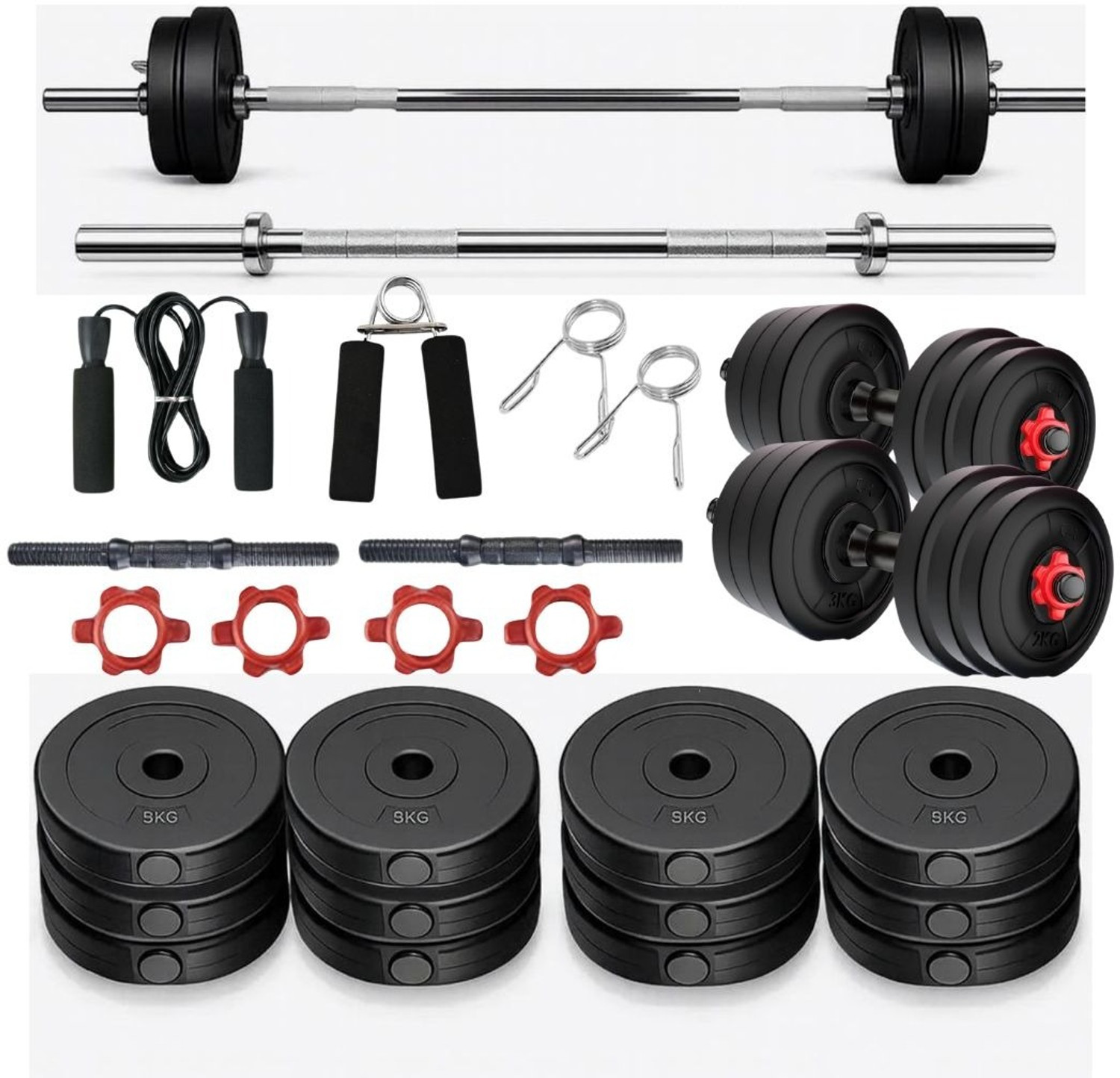 Image of JASMINE FITNESS 34.5 kg 30KG Home Gym Dumbbell Plate Set with 3FT Straight Rod & Accessories Home Gym Combo