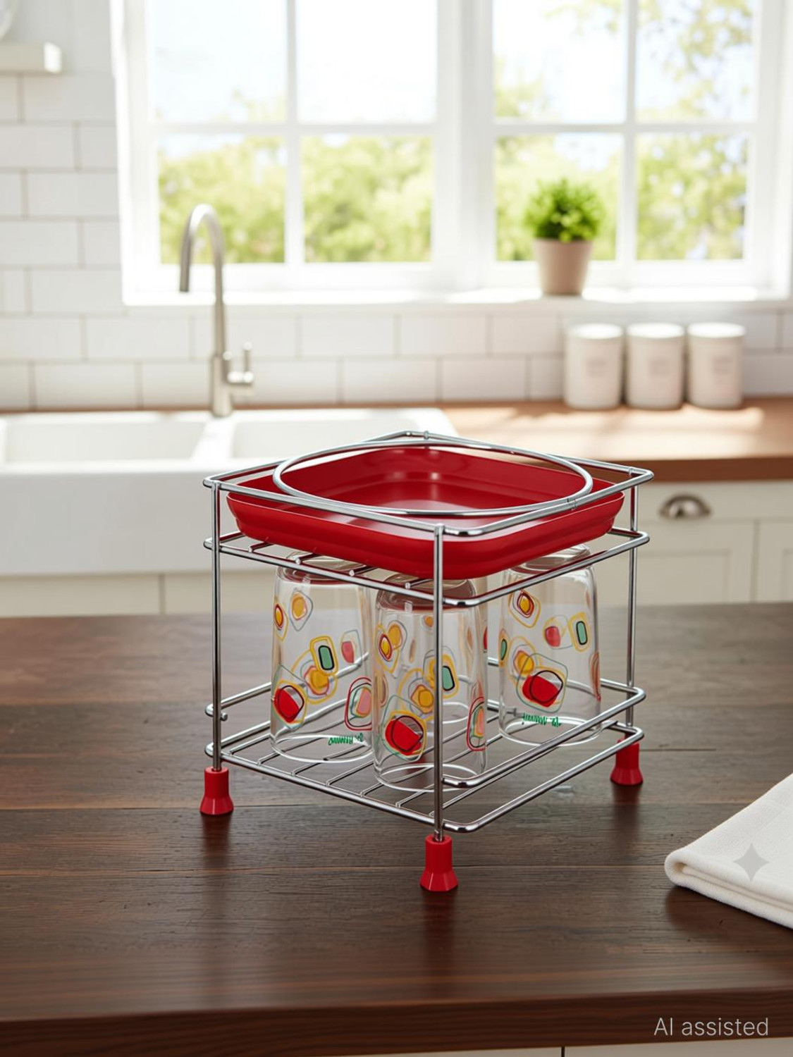Image of GESCHIR Matka Kitchen Rack Heavy Stainless Steel Matka Stand With Plastic Tray Plant Stand Gamla Stand Steel