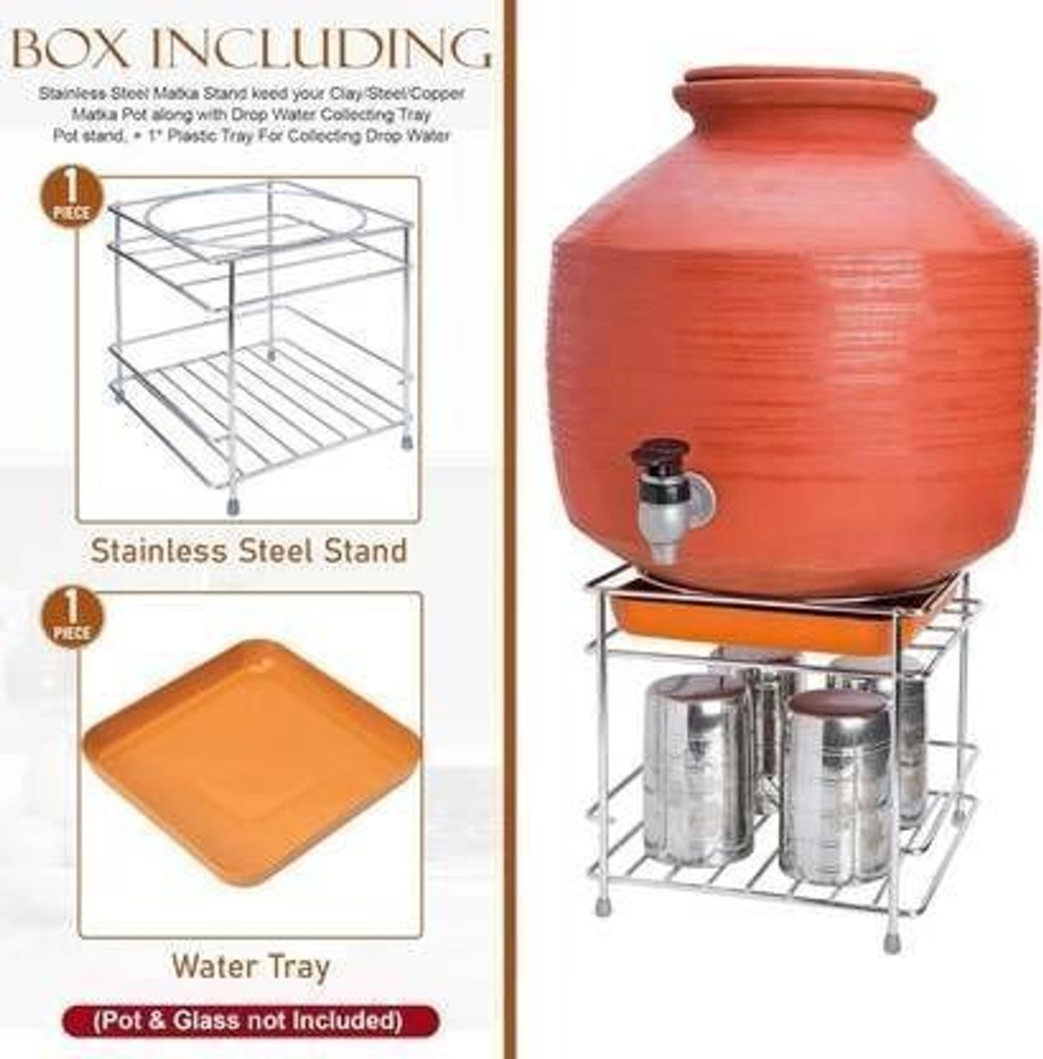 Image of GESCHIR Matka Kitchen Rack Heavy Stainless Steel Matka Stand With Plastic Tray Plant Stand Gamla Stand Steel