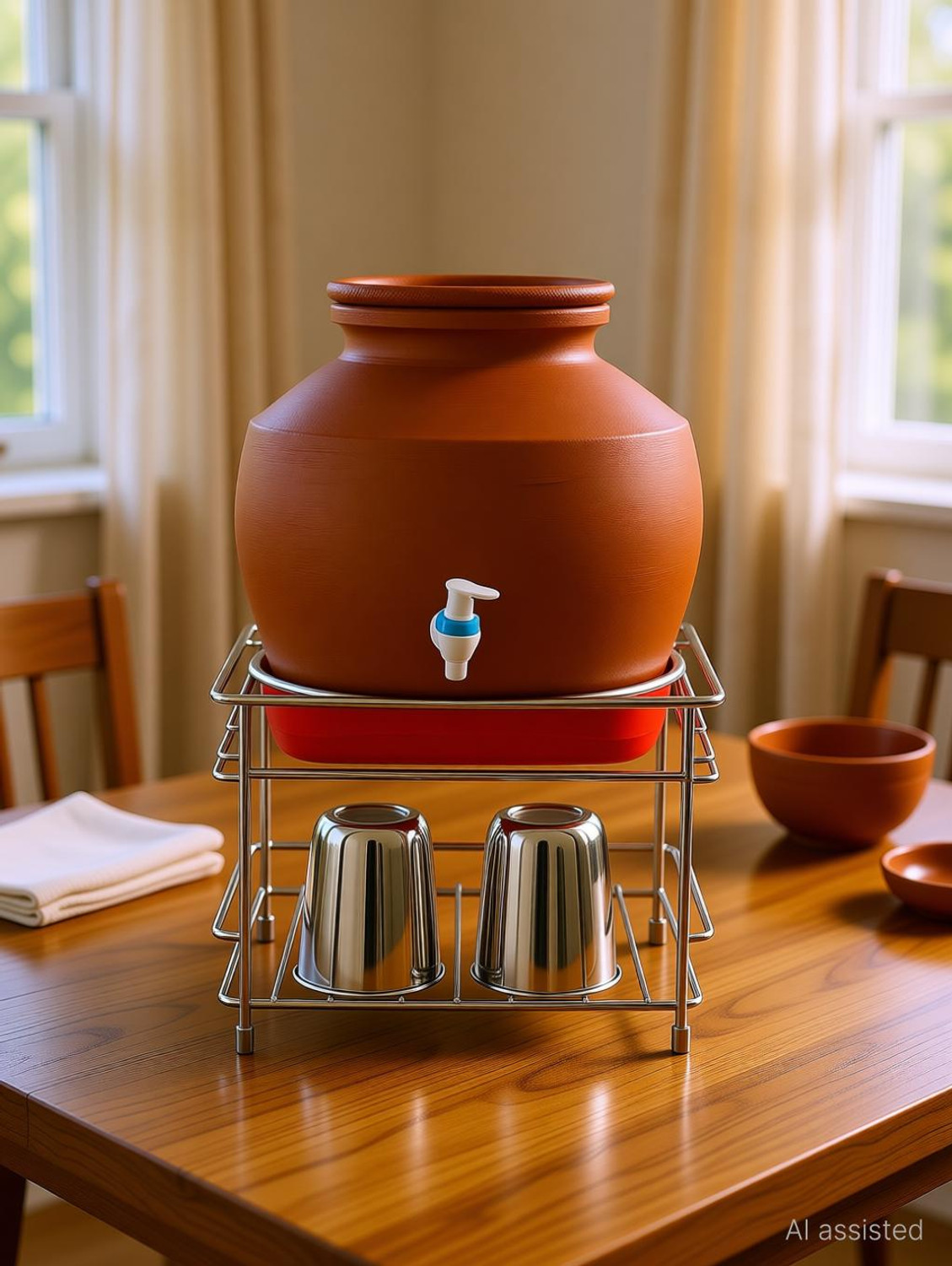 Image of GESCHIR Matka Kitchen Rack Heavy Stainless Steel Matka Stand With Plastic Tray Plant Stand Gamla Stand Steel