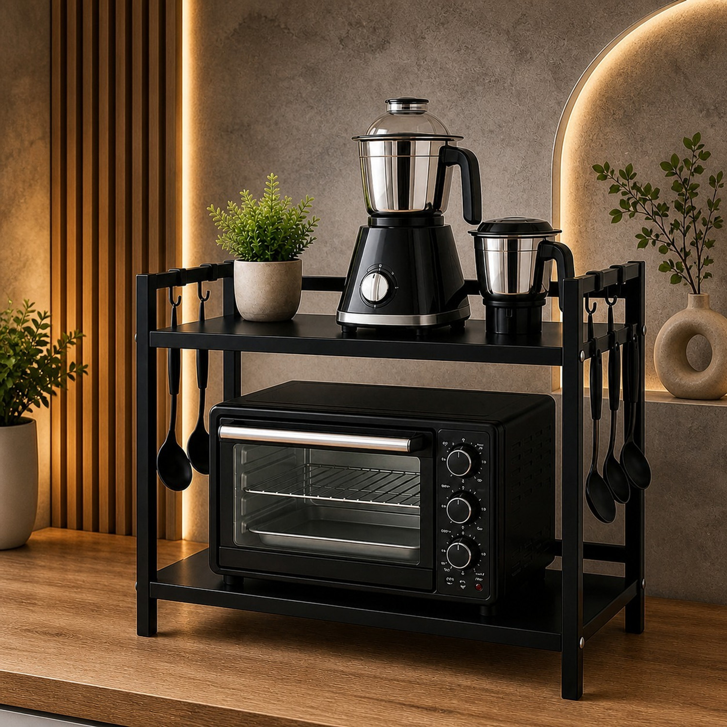 Image of Smartslide Containers Kitchen Rack 4-Shelf Microwave Oven Stand /Adjustable Height Shelving Kitchen Storage Rack /Multi Utility Folding Storage Shelf Organizer for Home-Office-Kitchen-Garage-Warehouse Iron
