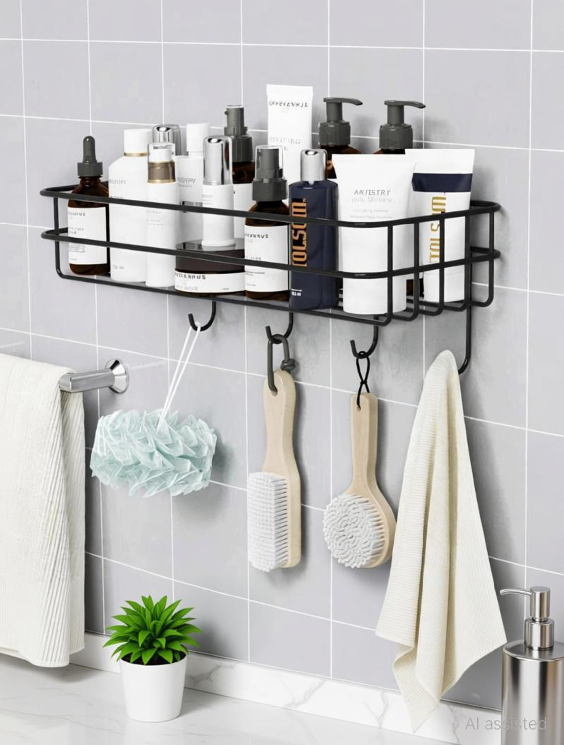kridha Stainless Steel Iron Coating Self-Adhesive Metal Rack Storage Shelf with 4 Hook Stainless Steel Wall Shelf
