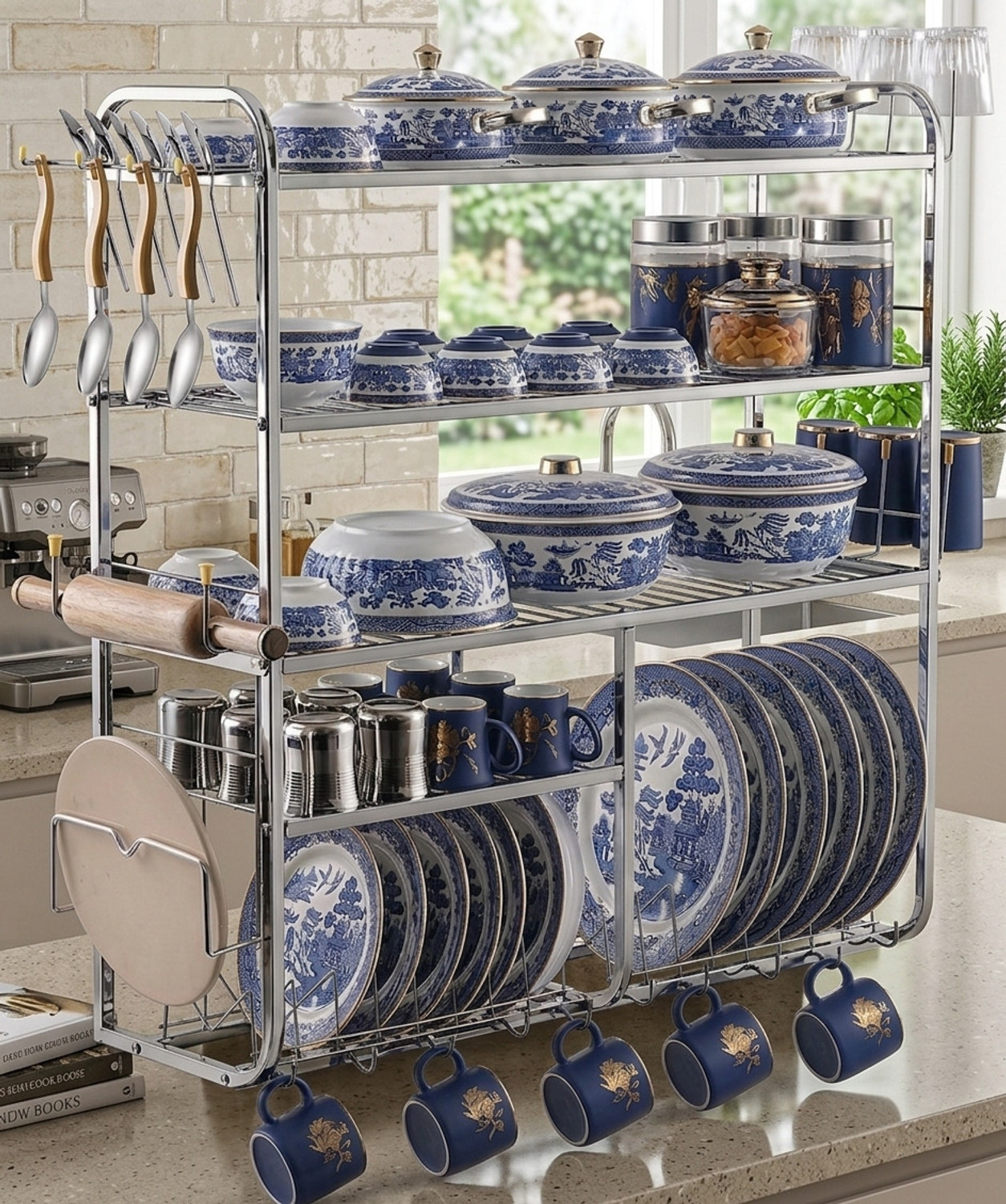 Image of Heaven Shield Containers Kitchen Rack Multipurpose Rack | Microwave Oven Stand & OTG Rack Iron, Wood
