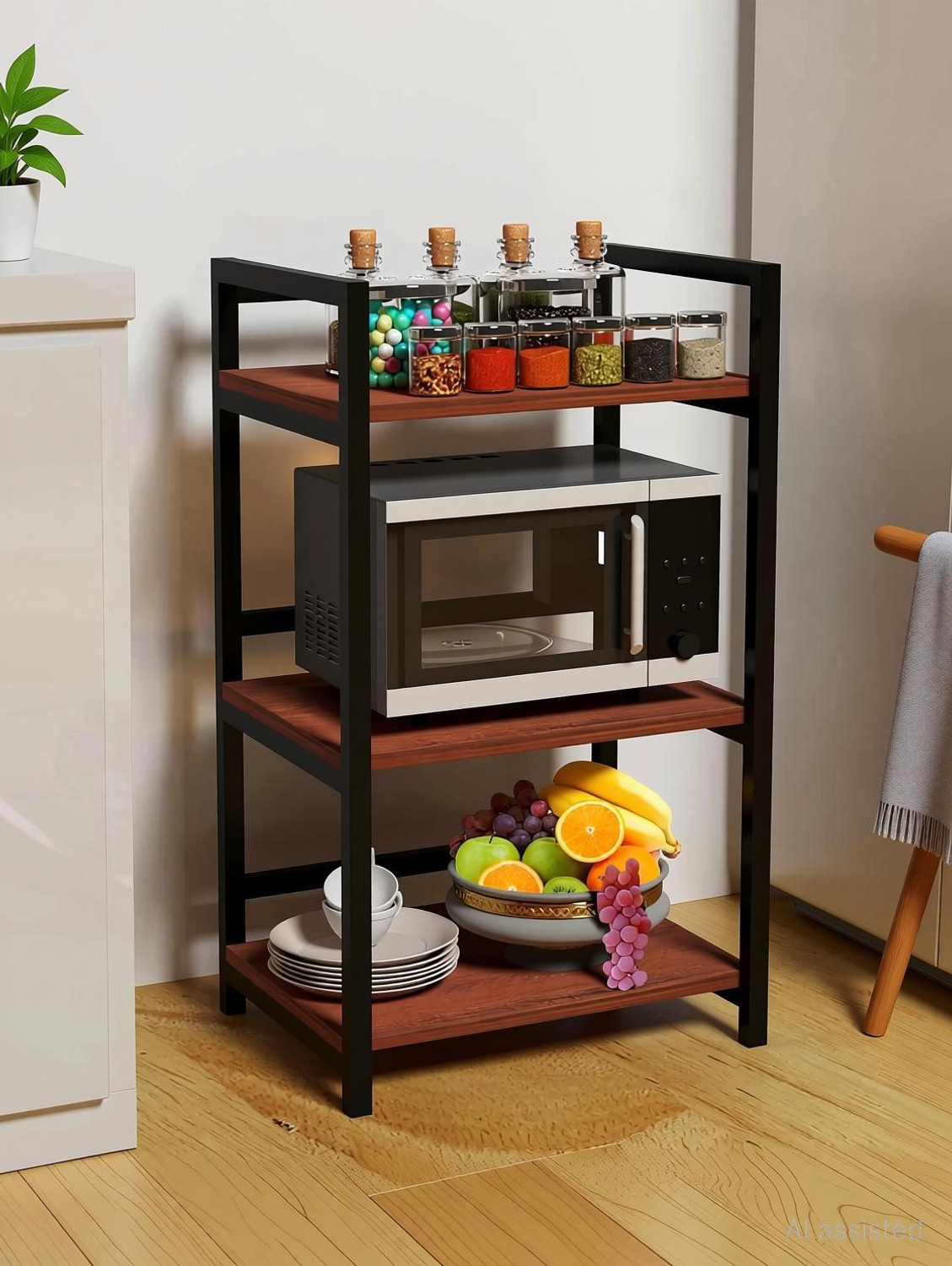 Image of Smartslide Containers Kitchen Rack 4-Shelf Microwave Oven Stand /Adjustable Height Shelving Kitchen Storage Rack /Multi Utility Folding Storage Shelf Organizer for Home-Office-Kitchen-Garage-Warehouse Iron