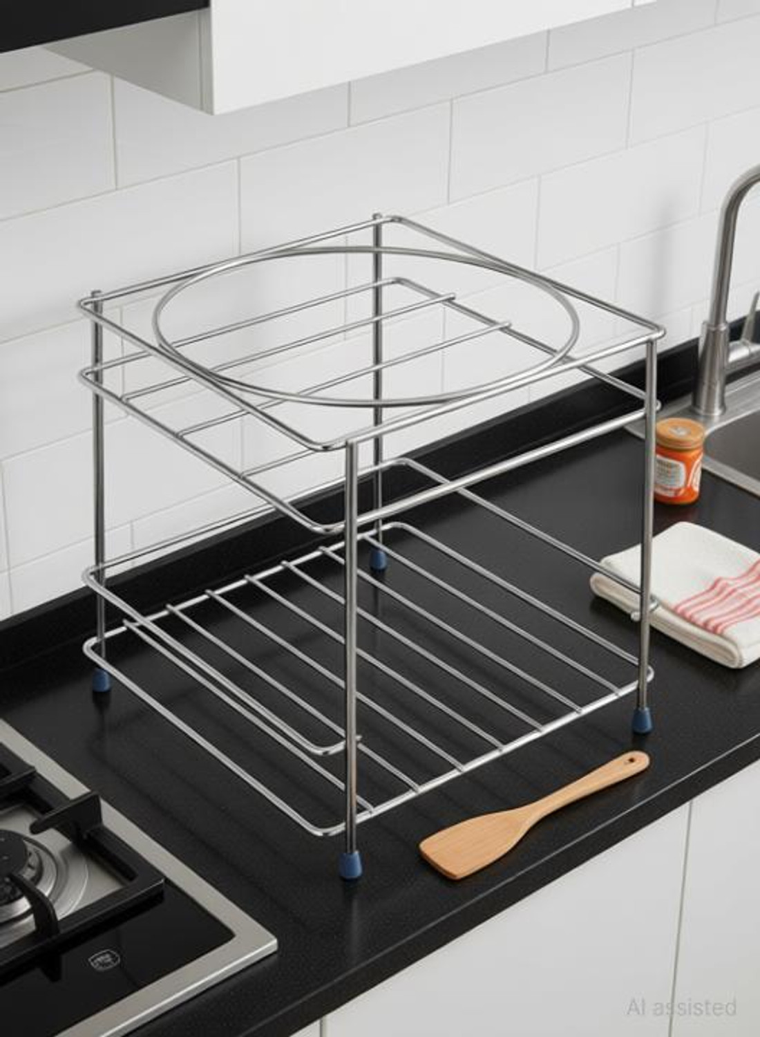Image of GESCHIR Matka Kitchen Rack Heavy Stainless Steel Matka Stand With Plastic Tray Plant Stand Gamla Stand Steel