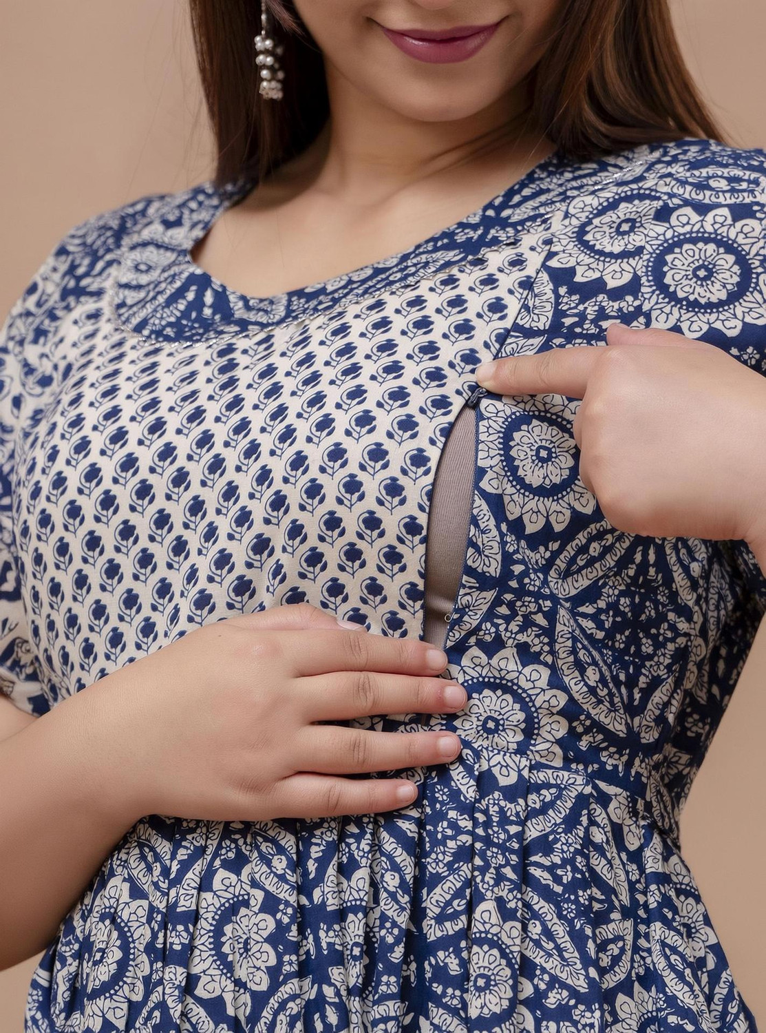 Image of PIROKI Printed Pure Cotton Anarkali Kurta for Women (Blue)
